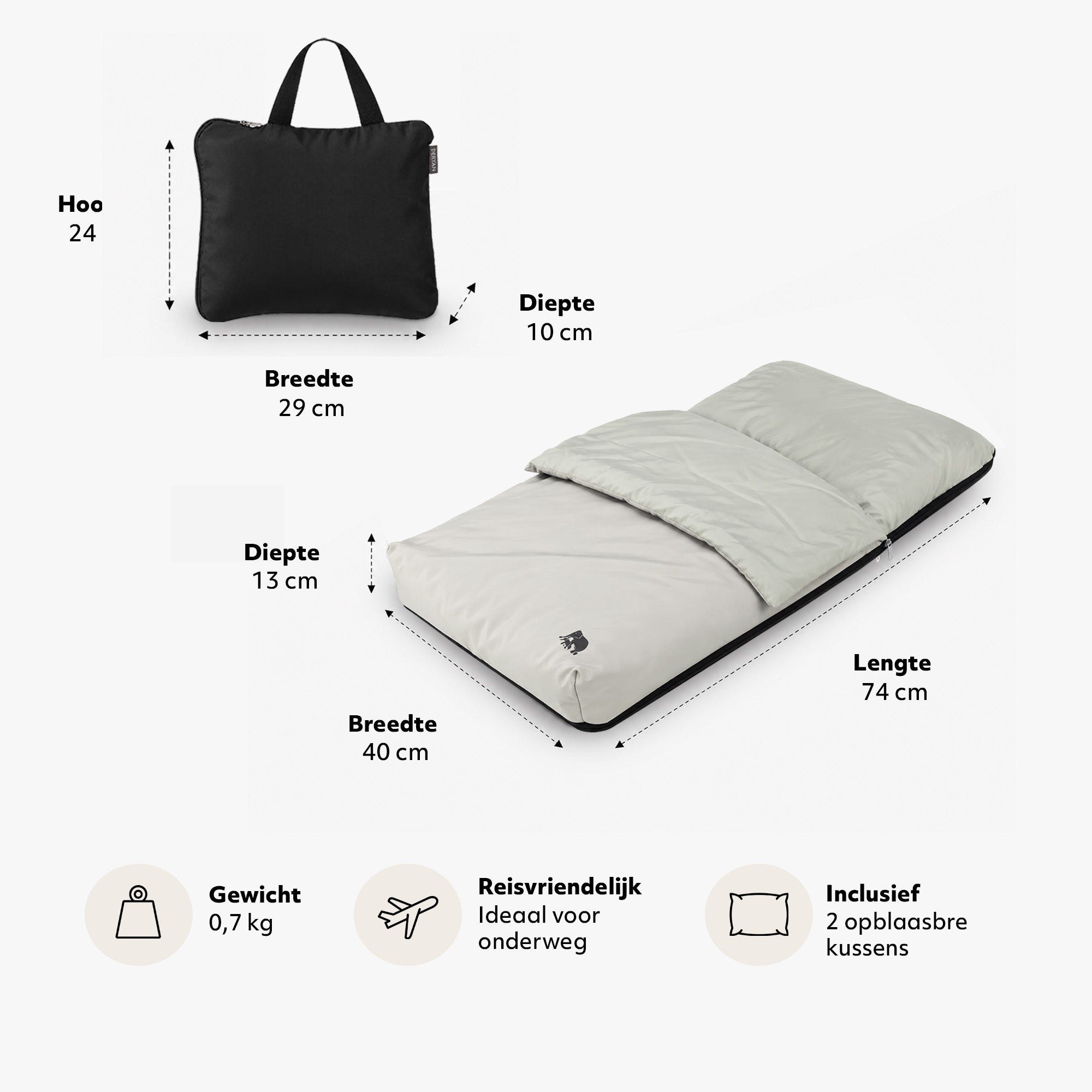 DERYAN AirTraveller Vliegtuigbedje - Reiskussen met matras - compact opgevouwen