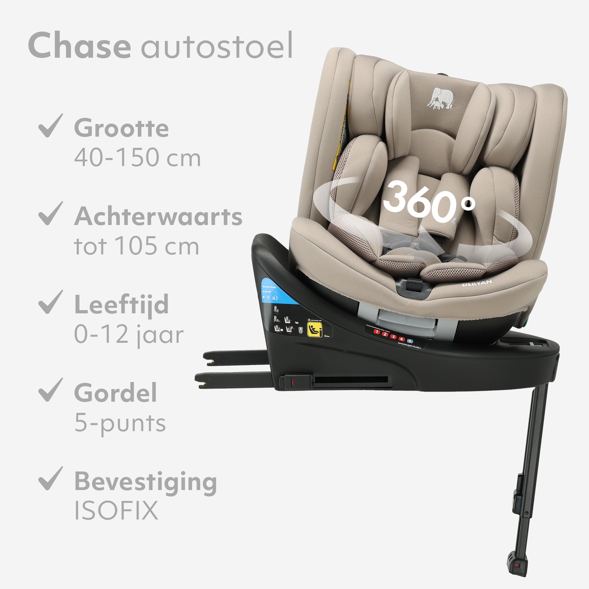 Chase Luxe i-Size Autostoel - 0-36kg - Isofix steunpoot - 360 draaibaar - Nougat