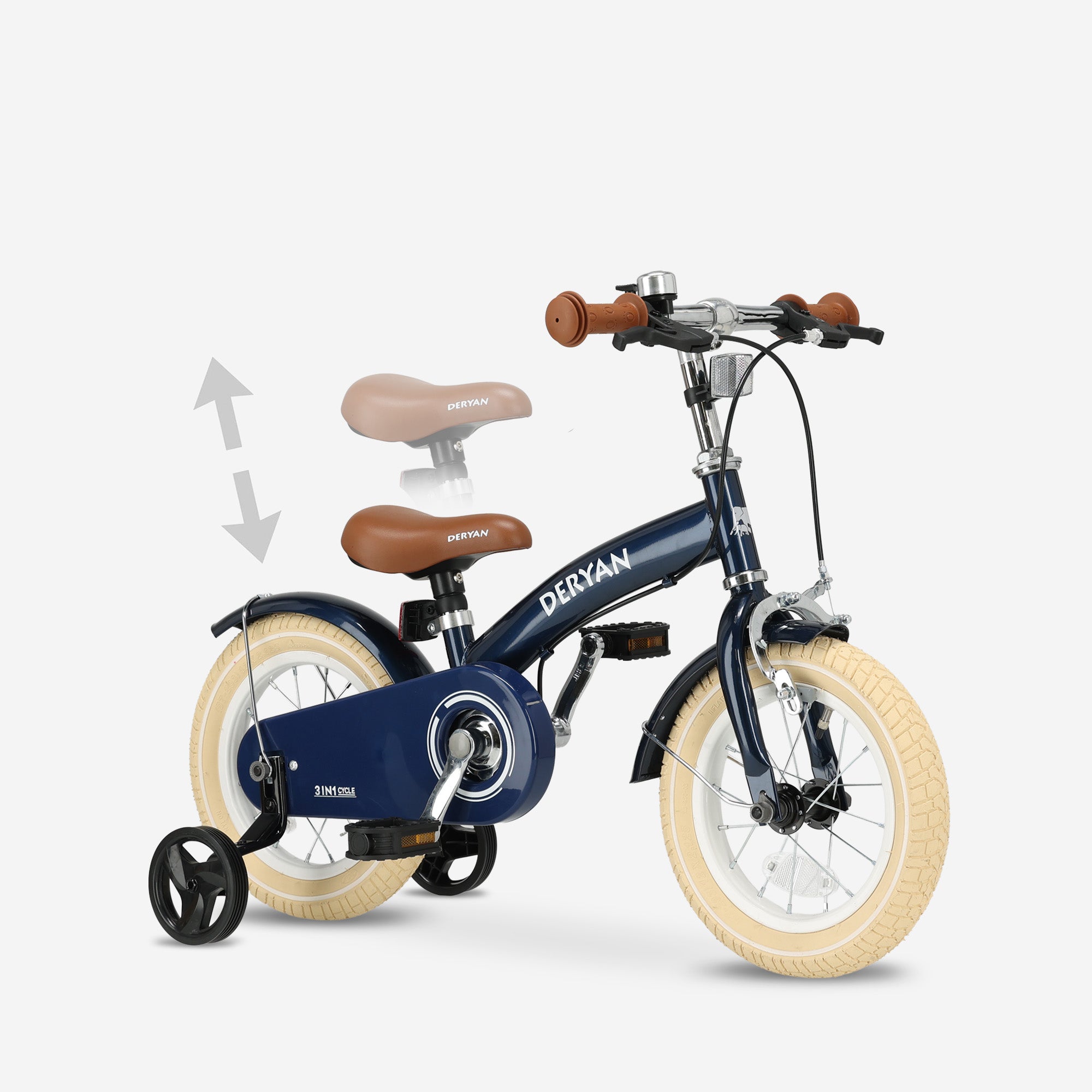 Deryan Luxe Kinderfiets 12 inch - 3 in 1 - loopfiets Blauw