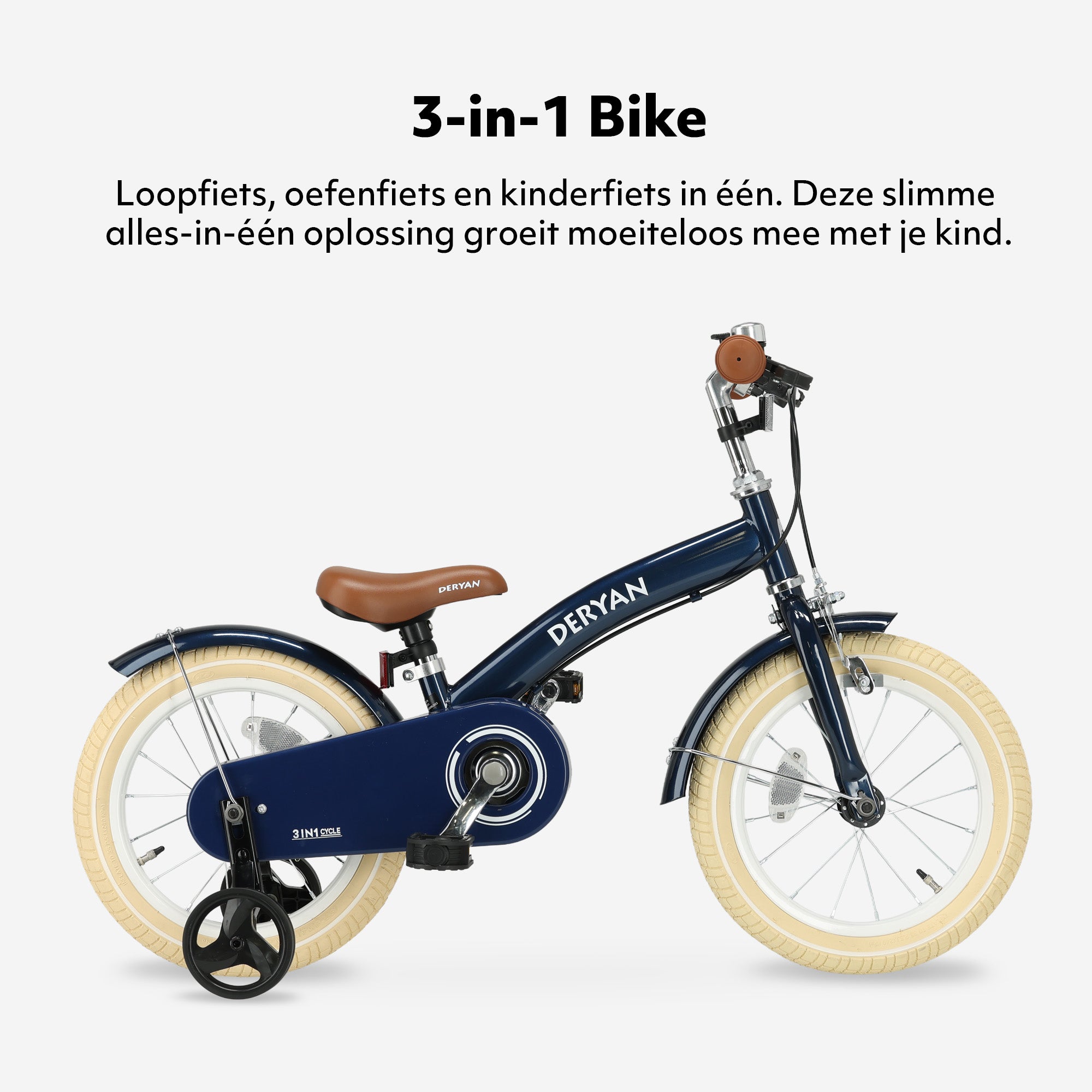 Deryan Luxe Kinderfiets 14 inch - 3 in 1 - loopfiets Blauw