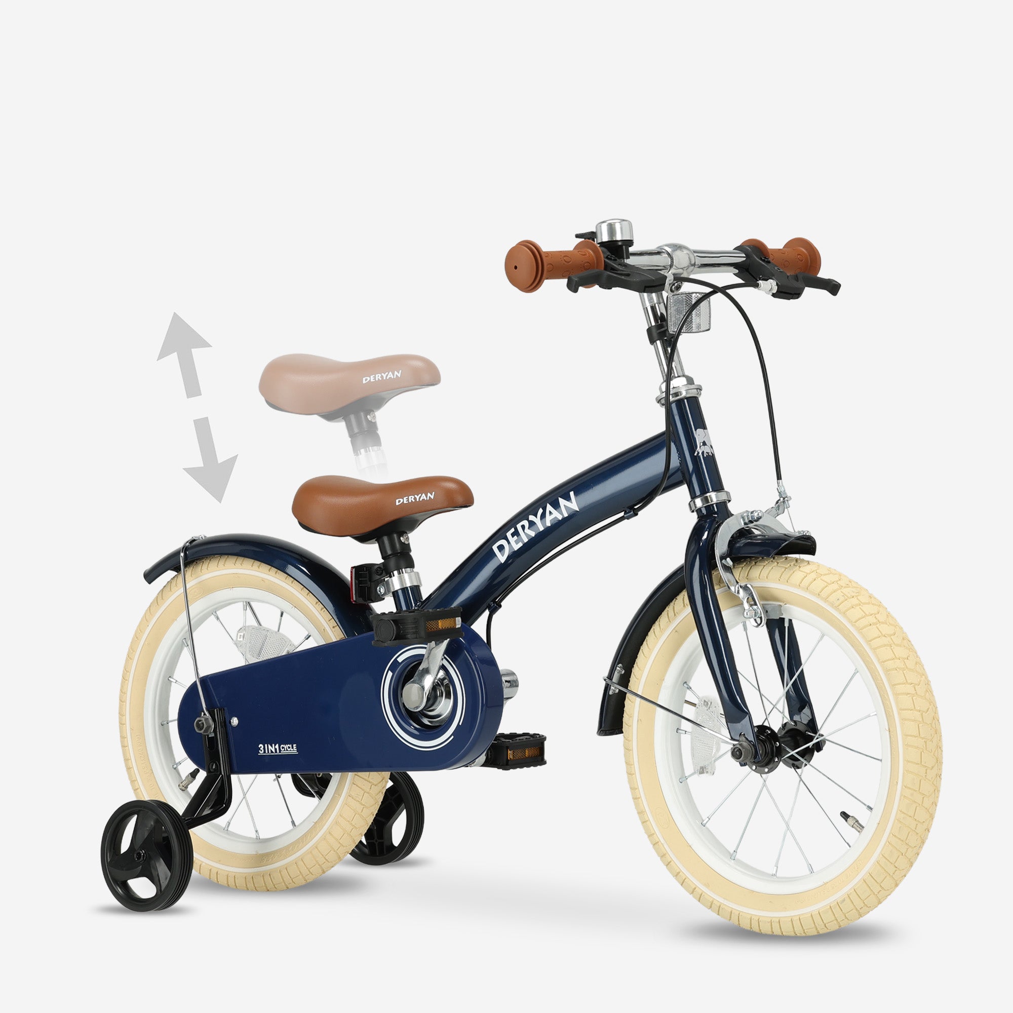 Deryan Luxe Kinderfiets 14 inch - 3 in 1 - loopfiets Blauw