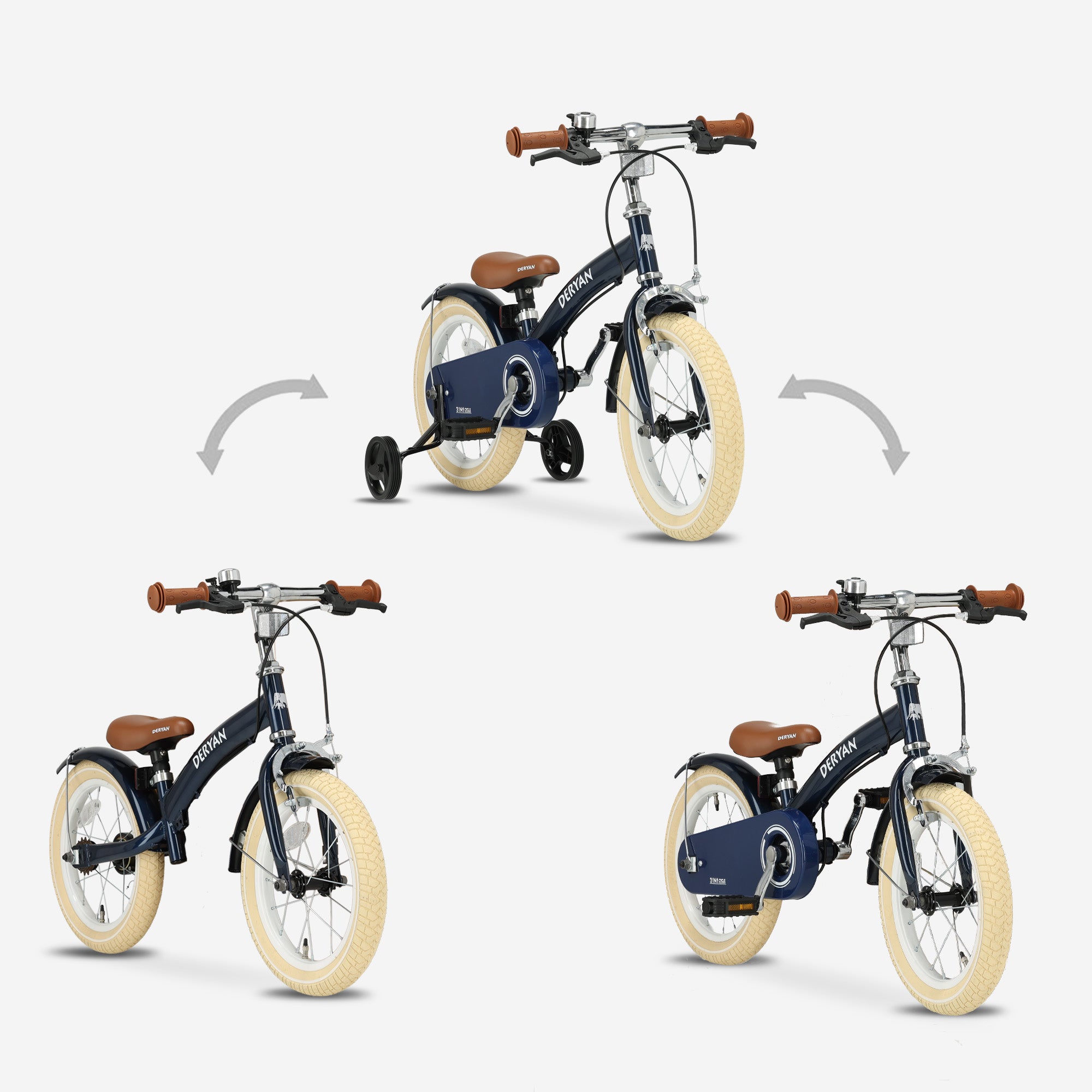 Deryan Luxe Kinderfiets 14 inch - 3 in 1 - loopfiets Blauw