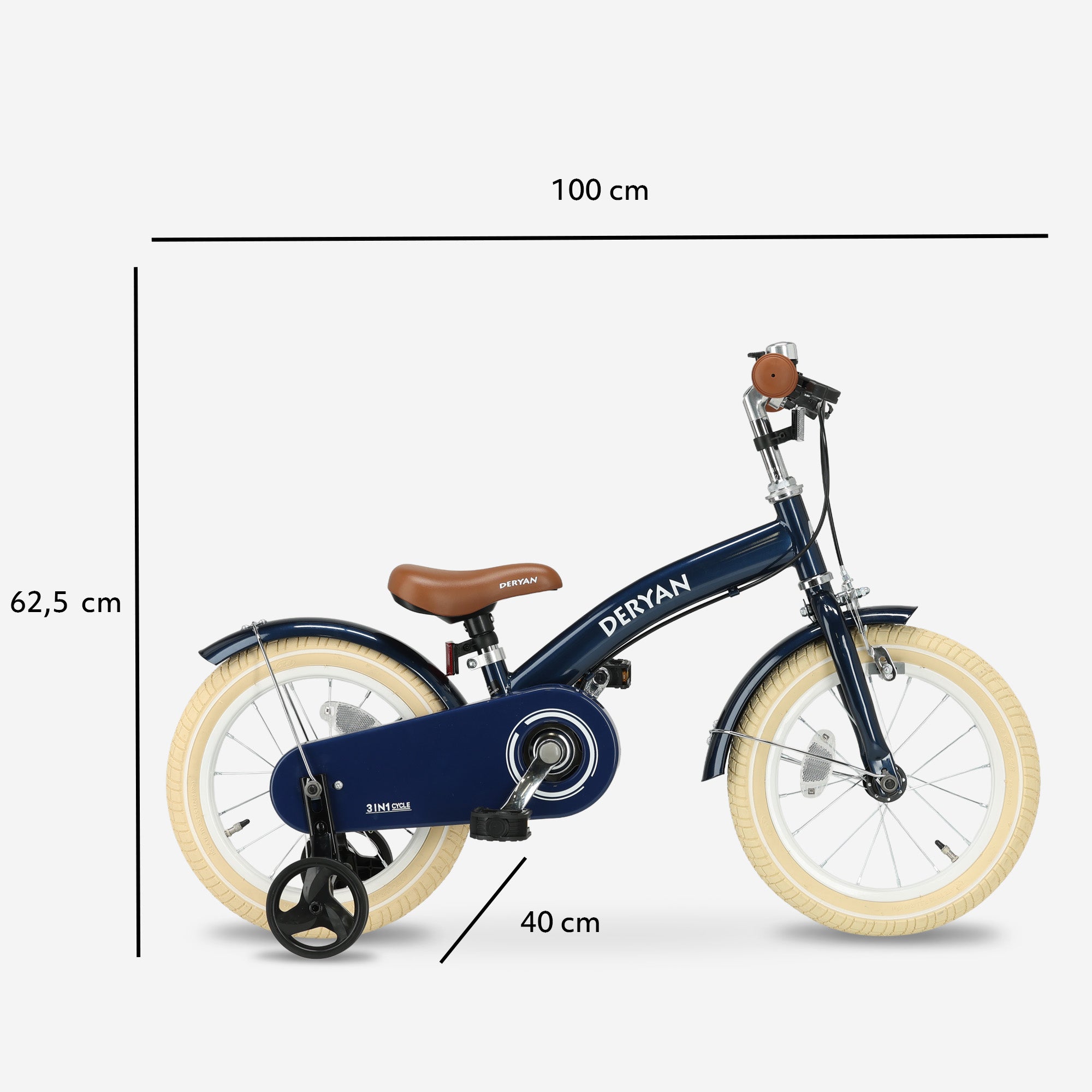 Deryan Luxe Kinderfiets 14 inch - 3 in 1 - loopfiets Blauw