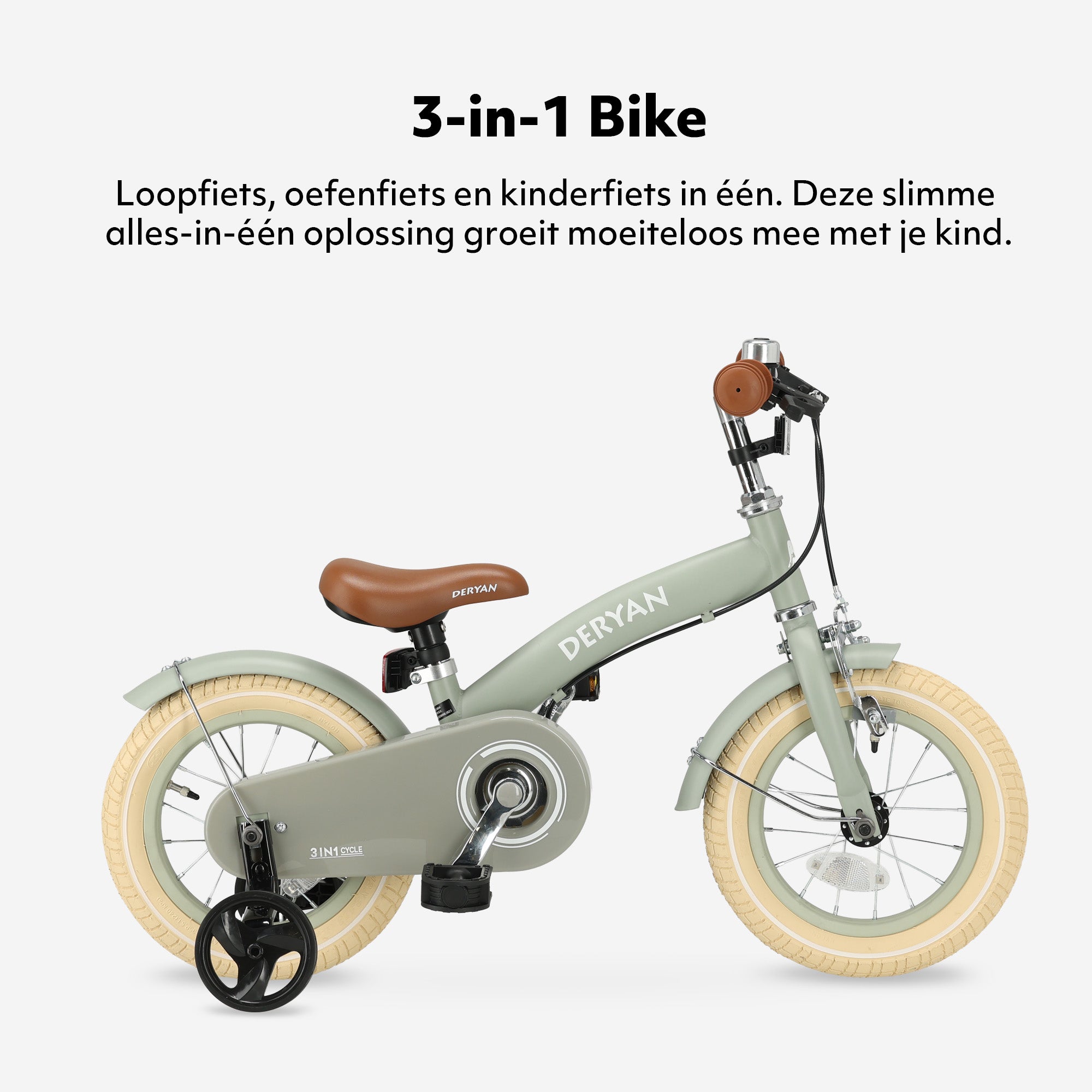 Deryan Luxe Kinderfiets 12 inch - 3 in 1 - loopfiets Groen