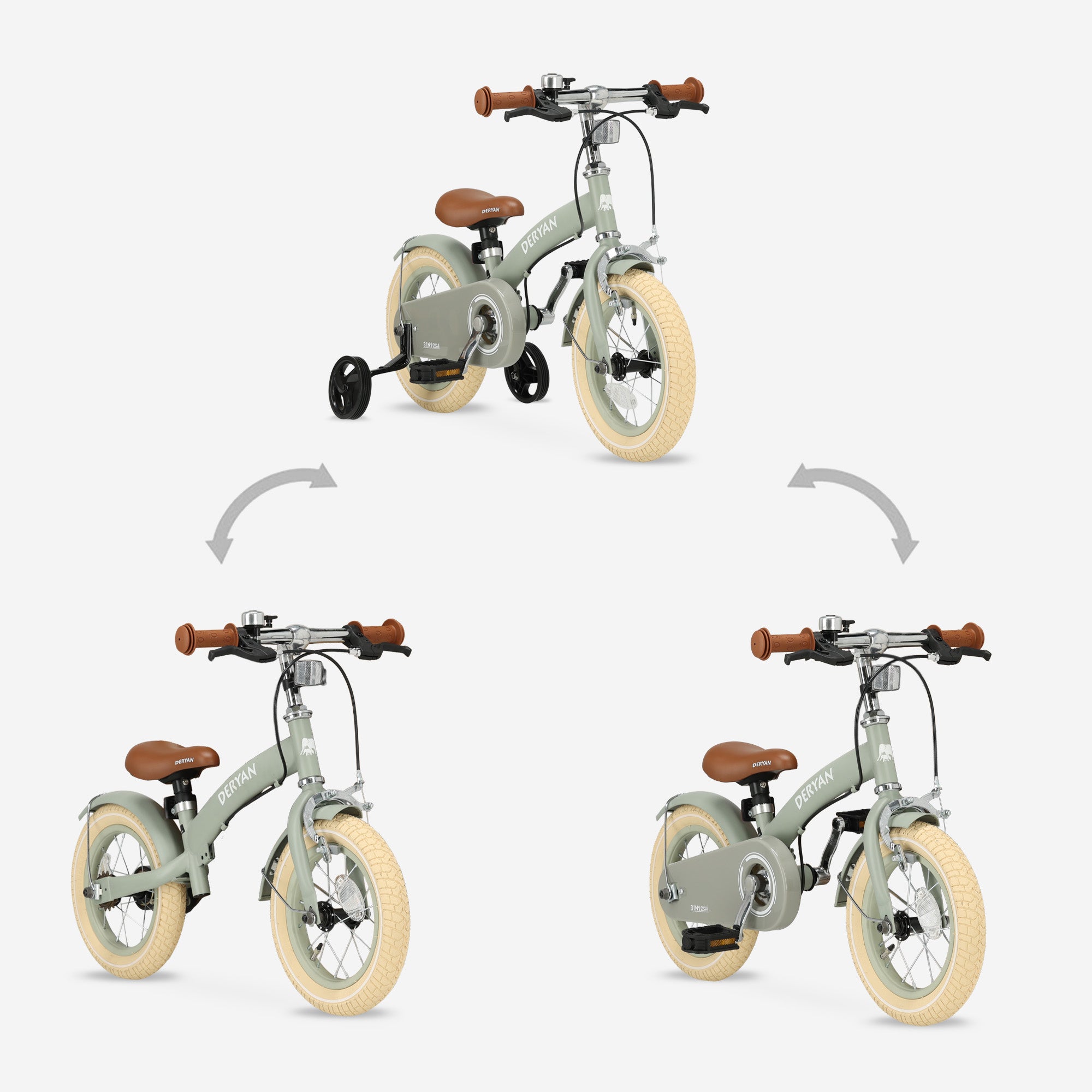 Deryan Luxe Kinderfiets 12 inch - 3 in 1 - loopfiets Groen