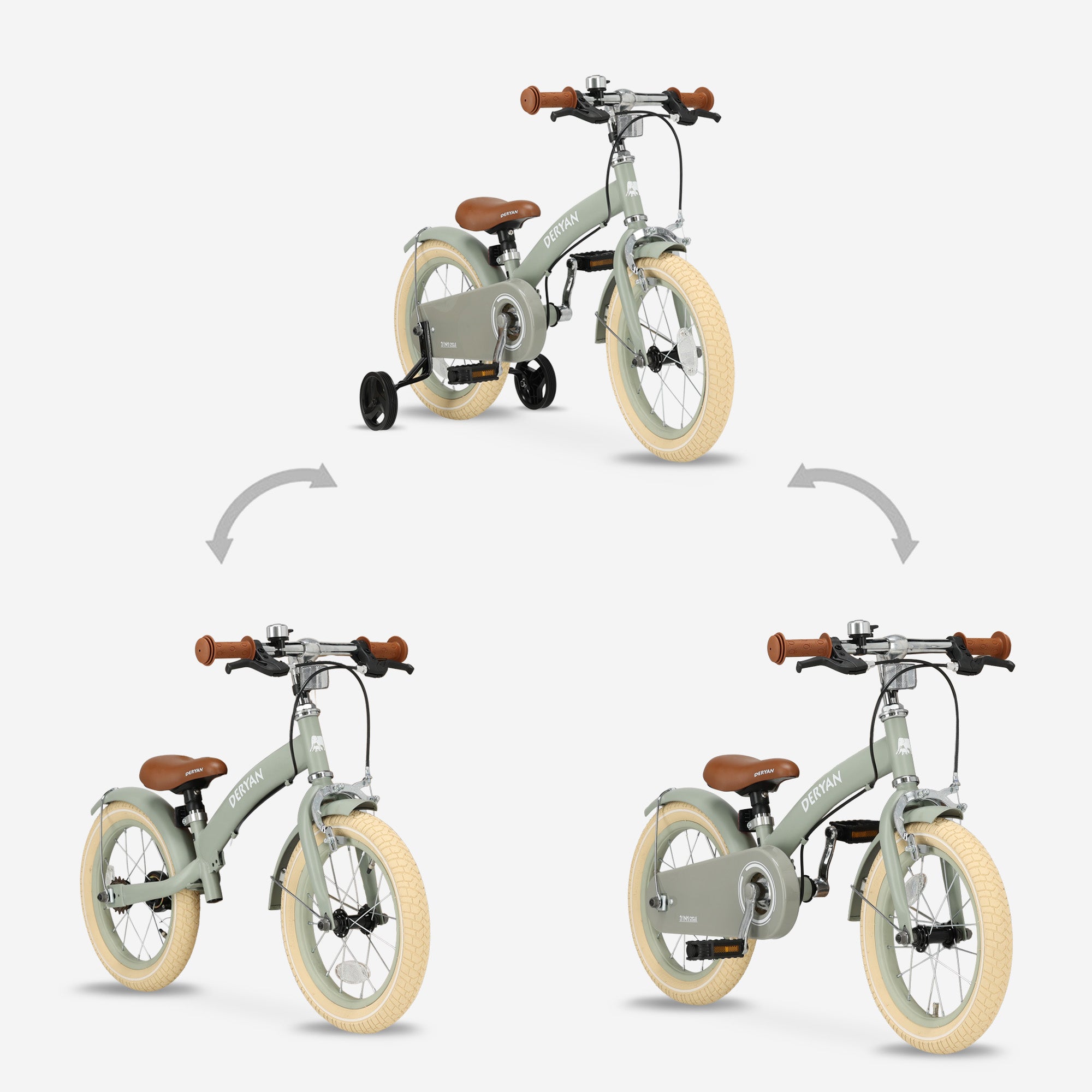 Deryan Luxe Kinderfiets 14 inch - 3 in 1 - loopfiets Groen