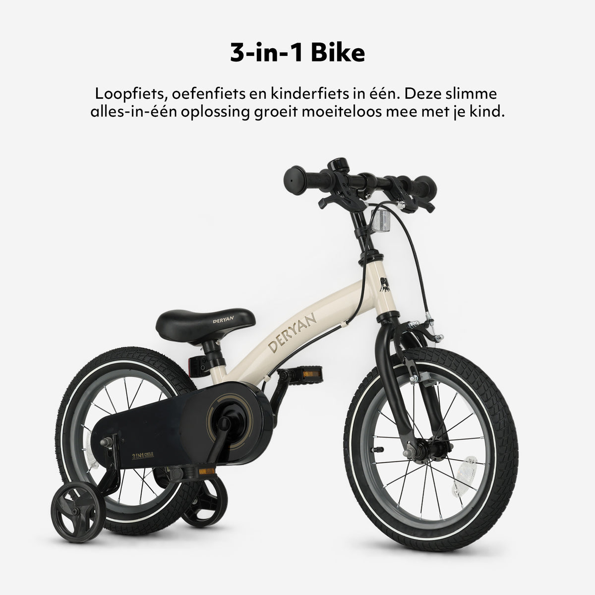 Deryan Luxe Kinderfiets 14 inch - 3 in 1 - loopfiets Sand