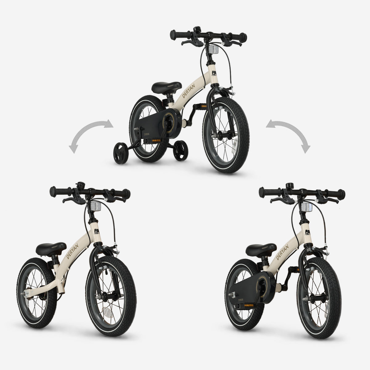 Deryan Luxe Kinderfiets 14 inch - 3 in 1 - loopfiets Sand