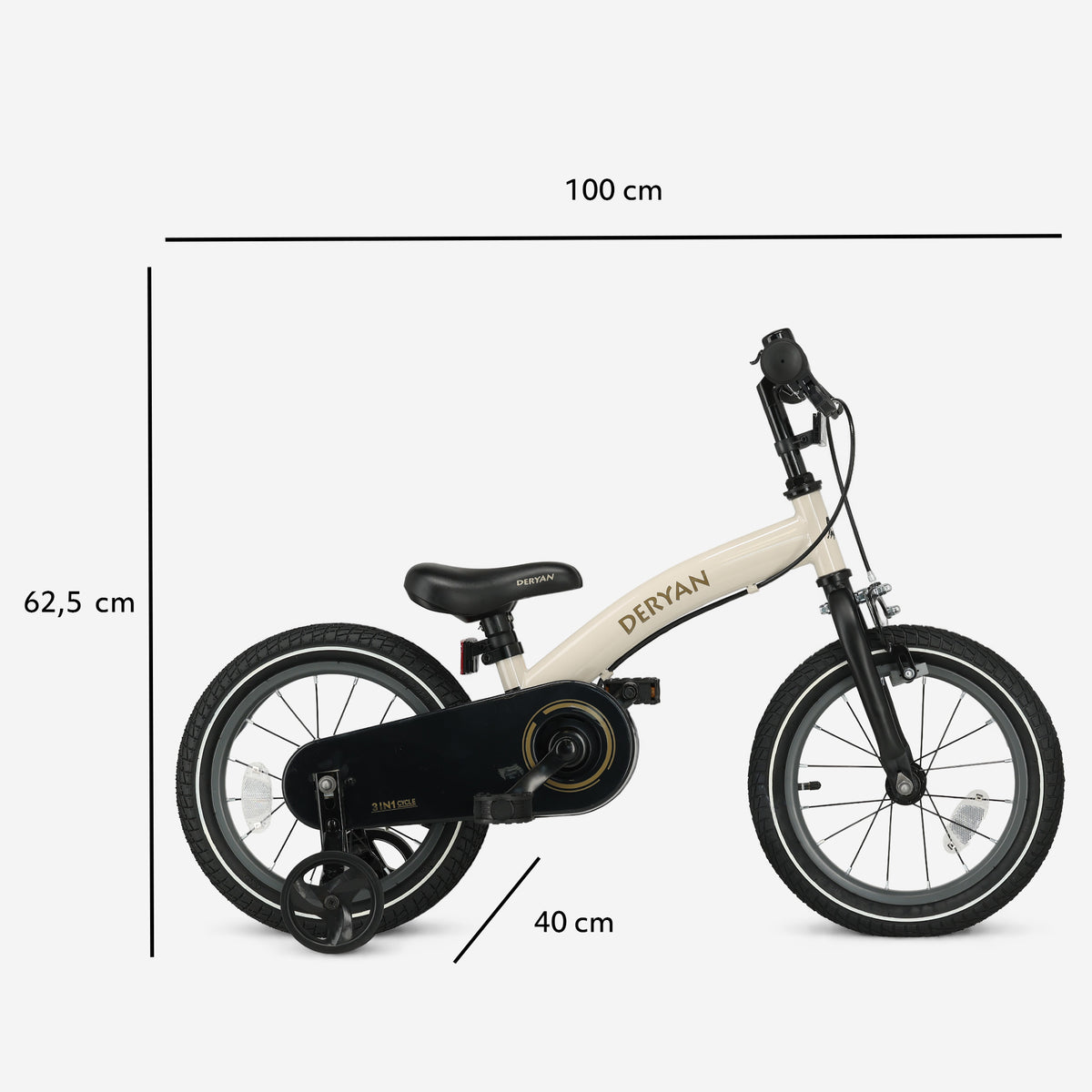 Deryan Luxe Kinderfiets 14 inch - 3 in 1 - loopfiets Sand