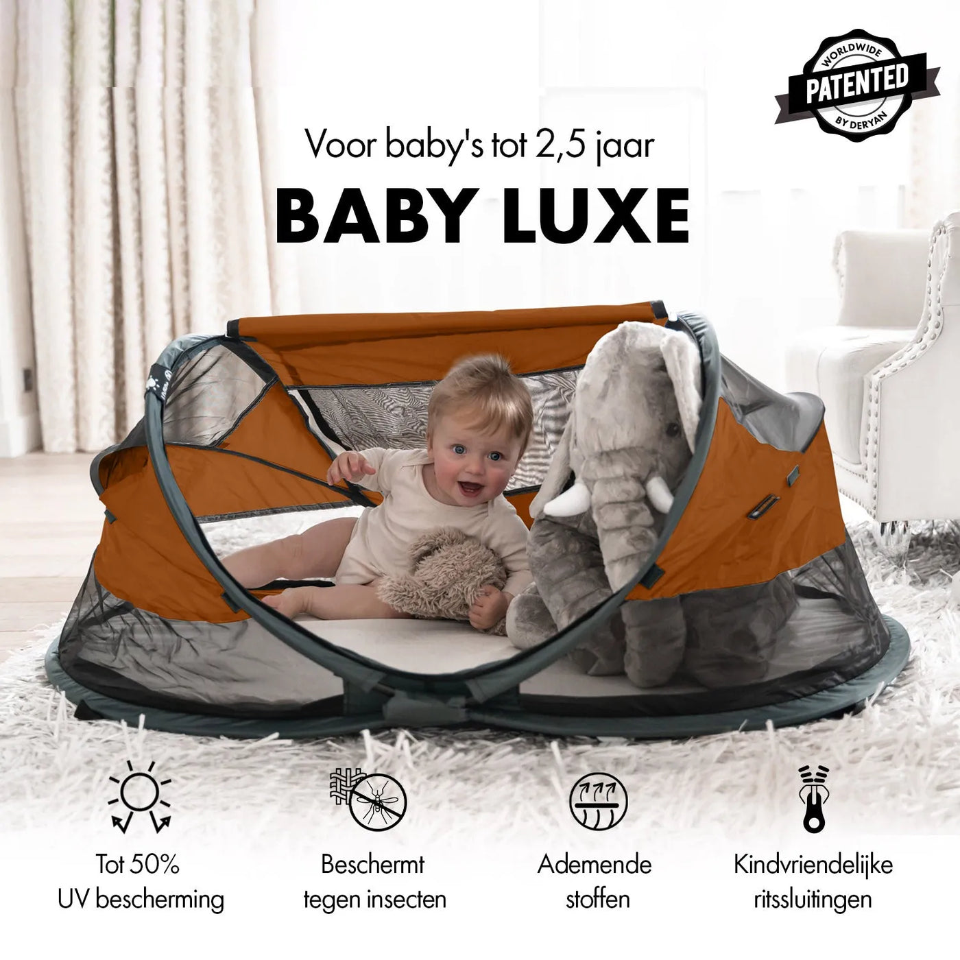 DERYAN Lit de camping Baby Luxury - Matelas autogonflant inclus - Caramel