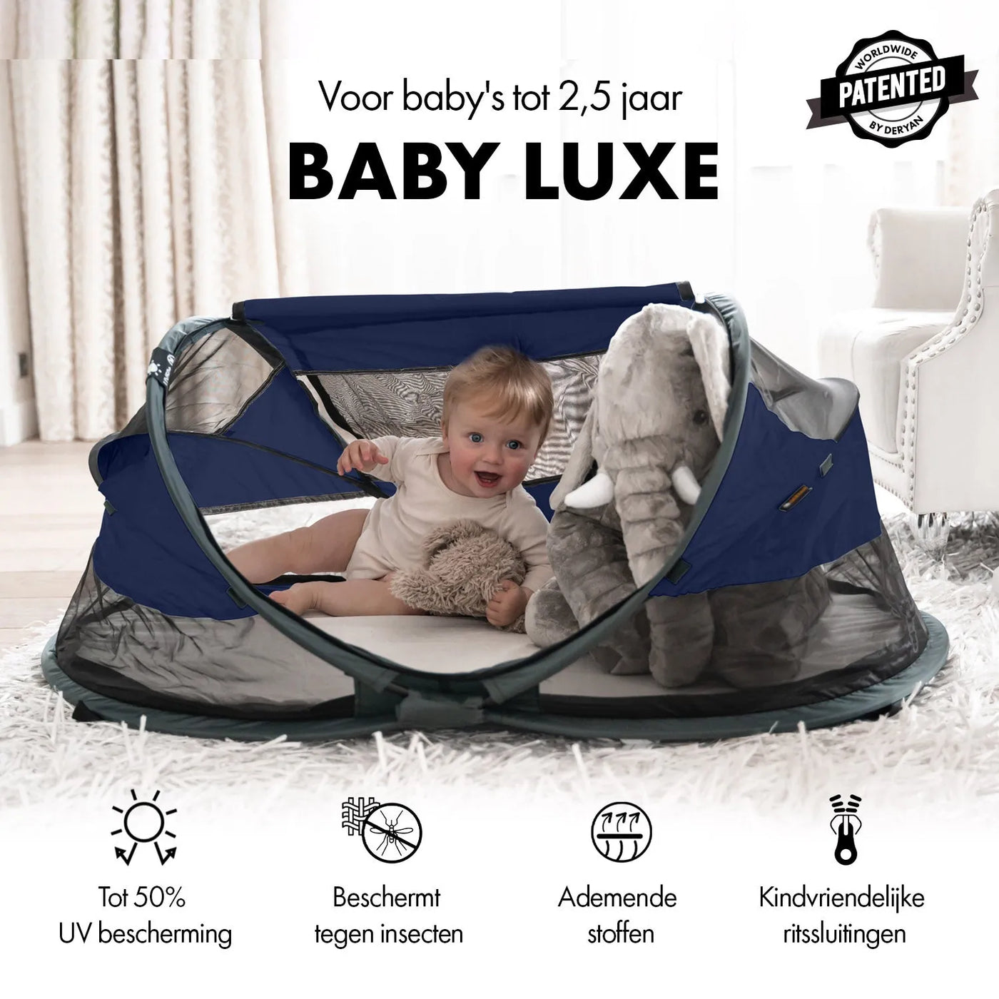 DERYAN Baby Luxe Campingbedje – Inclusief zelfopblaasbare matras - Navy