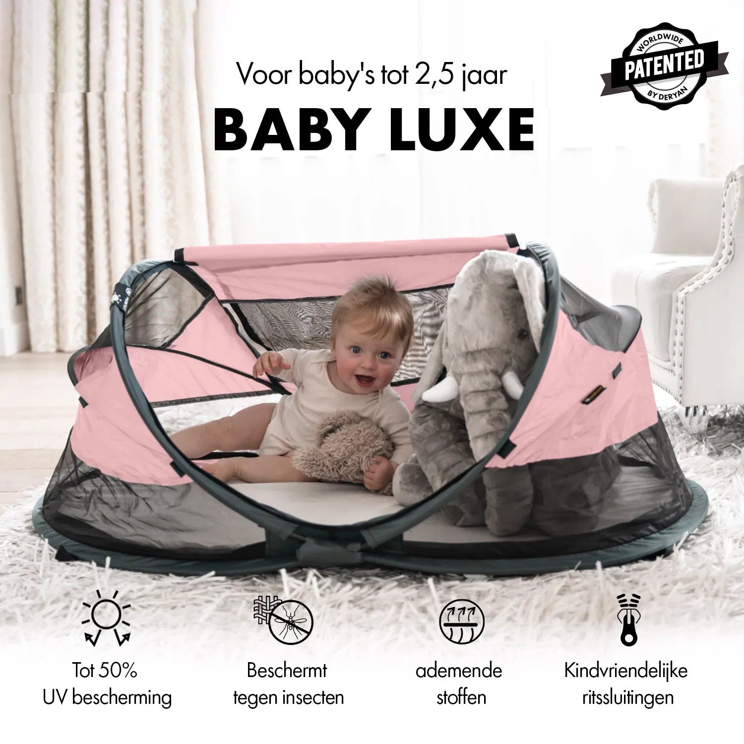 DERYAN Baby Luxe Campingbedje – Inclusief zelfopblaasbare matras - Rose