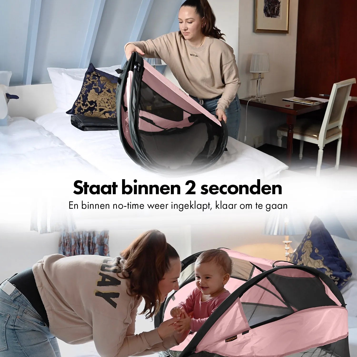 DERYAN Baby Luxe Campingbedje – Inclusief zelfopblaasbare matras - Rose