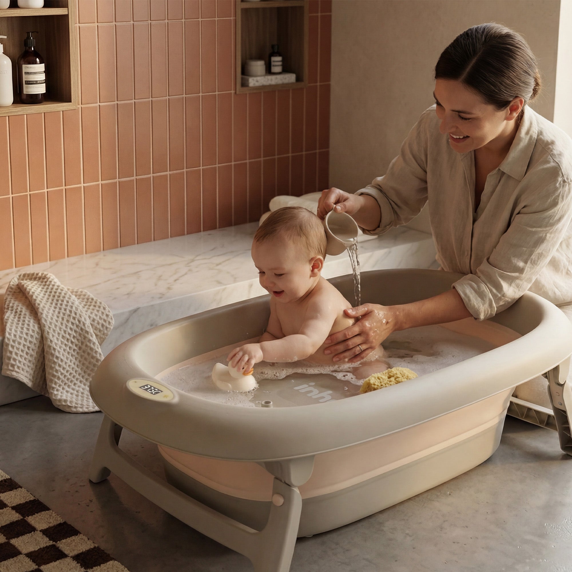 Opvouwbaar Babybad met Thermometer & Badkussen - Peuterbadje - Babybadje- Babyspullen - Babybadje met standaard - baby bad - Kinderbadje - Babyspullen - Baby bad set