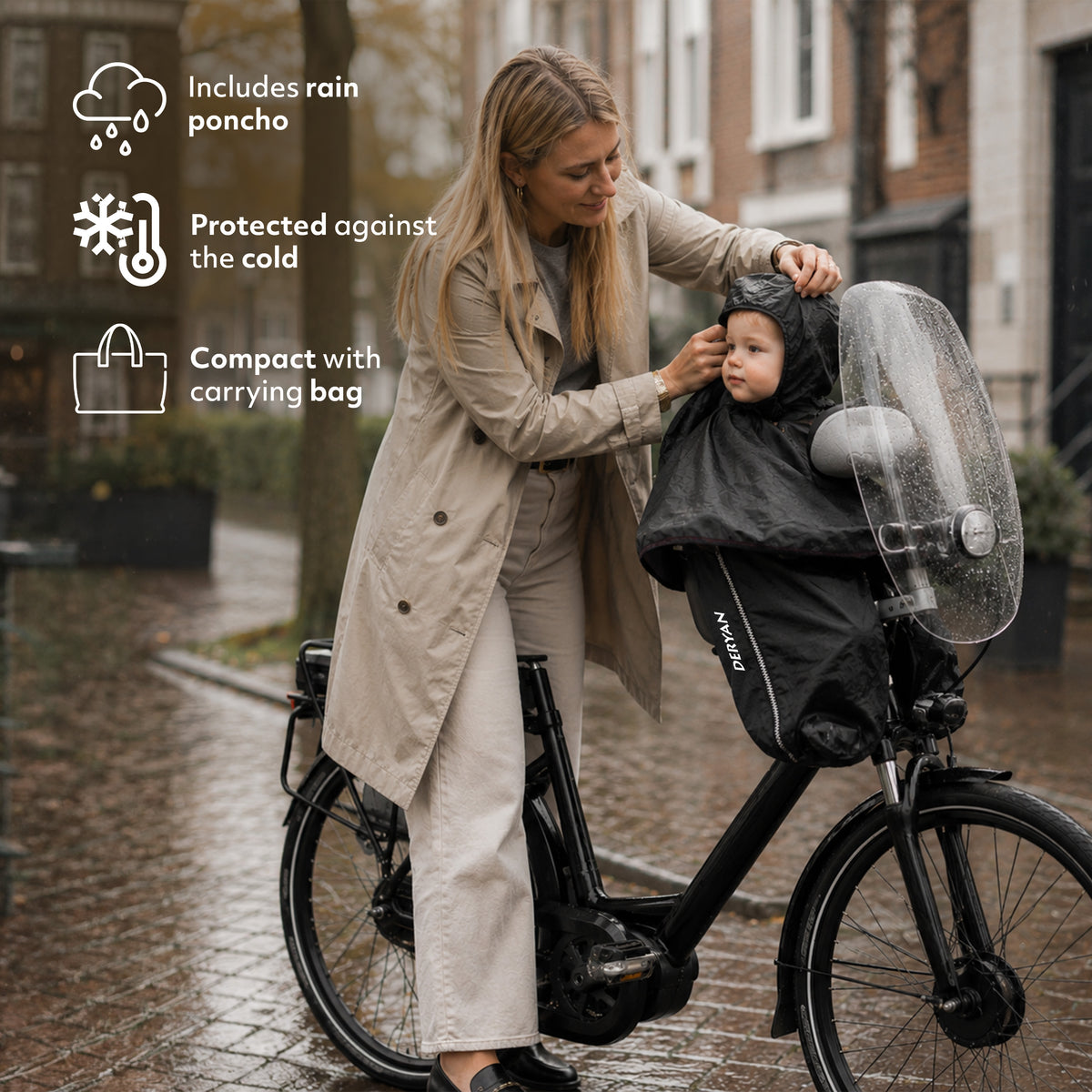 DERYAN Bike-a-way Jepp/Mini Fietsstoeltje voor - fiets Regenhoes - warme jas en windbreaker + regenponcho