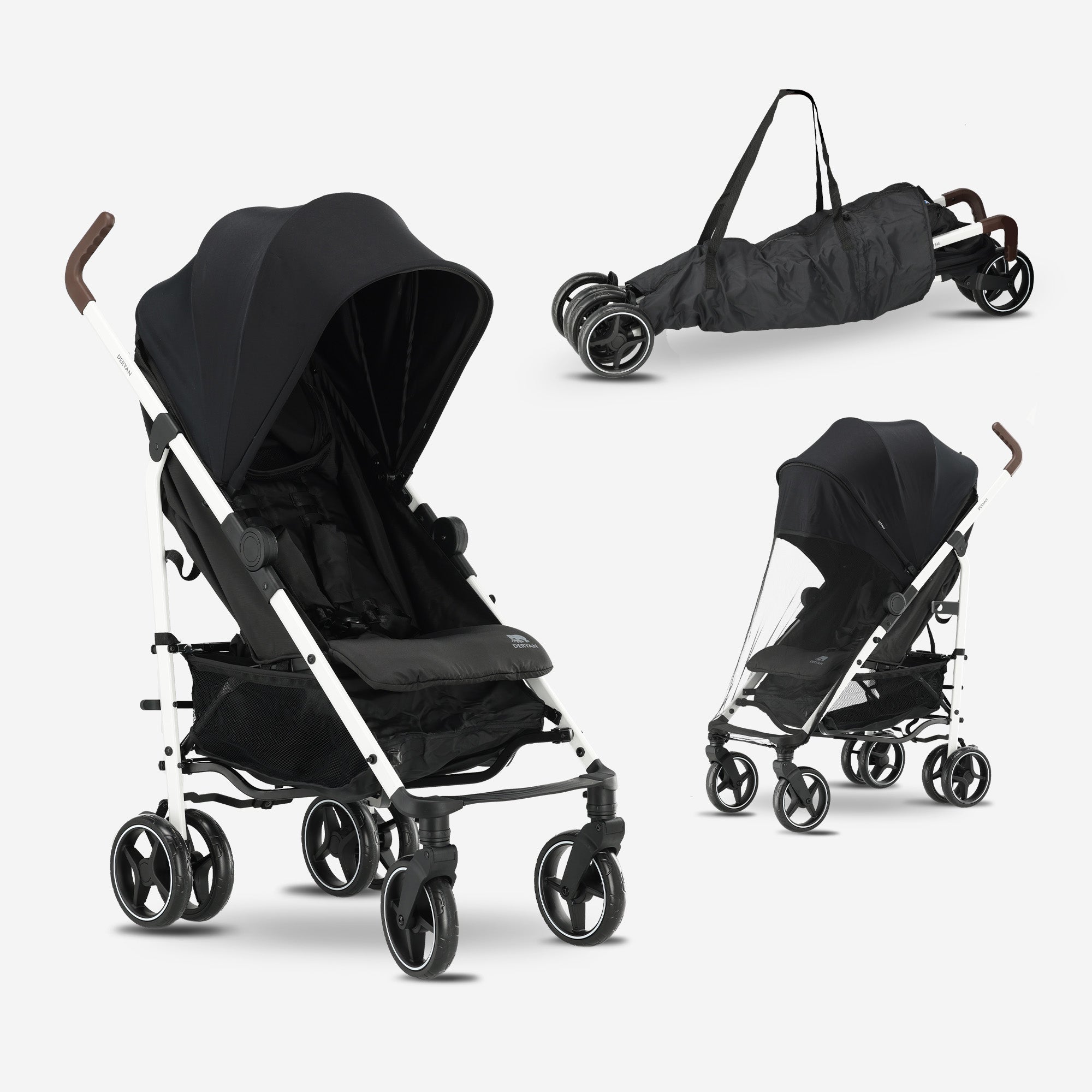 Deryan Bobbie Buggy - Paraplu Buggy - 5-Punts Gordel - Draagtas - Geschikt voor Kinderen tot 22 kg - Verstelbare rugleuning - Zwart  - Wit Frame