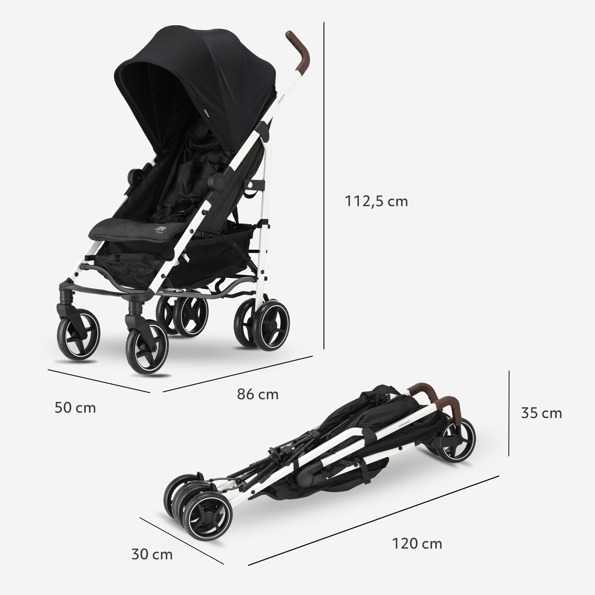Deryan Bobbie Buggy - Paraplu Buggy - 5-Punts Gordel - Draagtas - Geschikt voor Kinderen tot 22 kg - Verstelbare rugleuning - Zwart  - Wit Frame