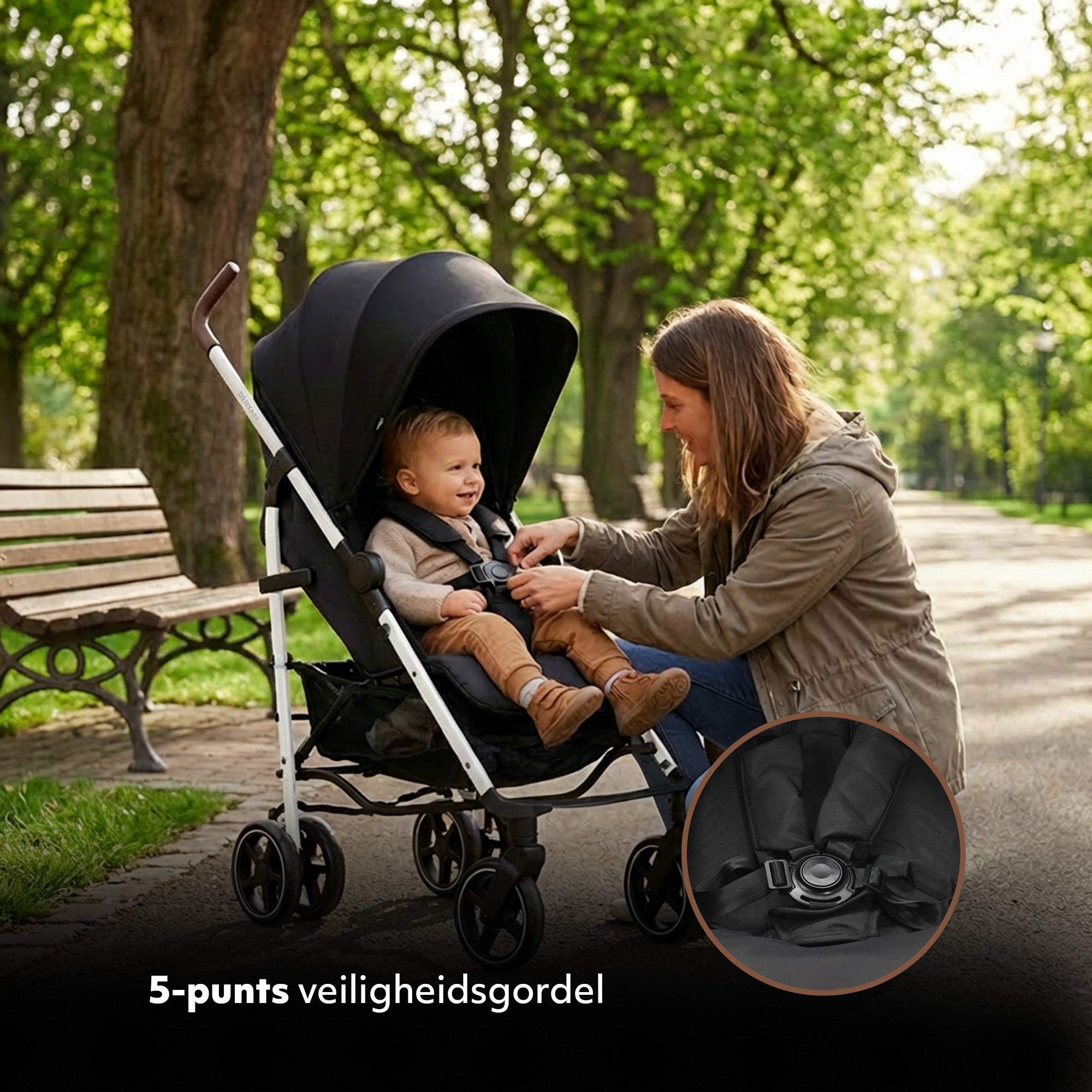 Deryan Bobbie Buggy - Paraplu Buggy - 5-Punts Gordel - Draagtas - Geschikt voor Kinderen tot 22 kg - Verstelbare rugleuning - Zwart  - Wit Frame