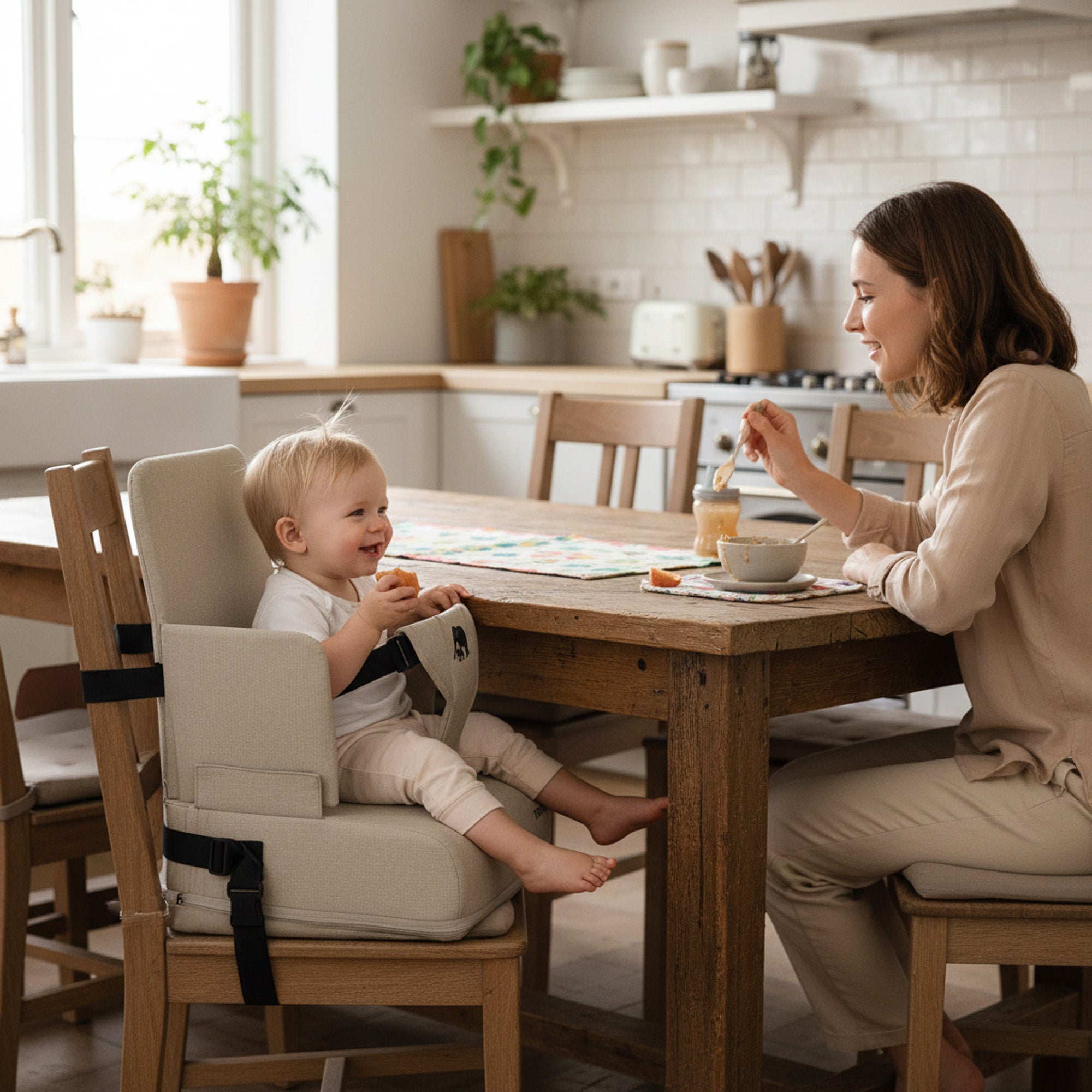 Deryan Travel Booster Stoelverhoger - Inclusief bevestigingsriem Nougat