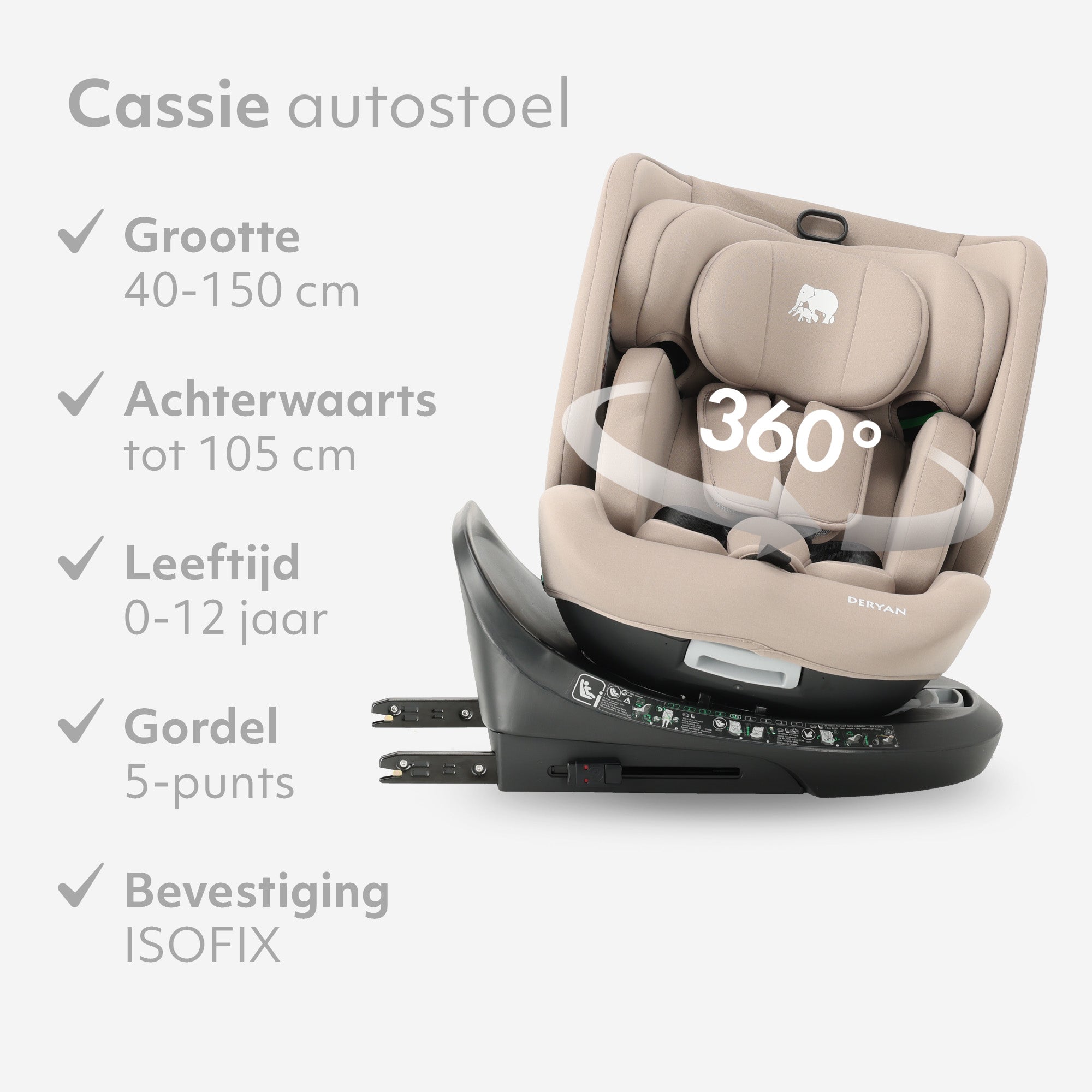 Cassie Luxe I-size Autostoel - Groep 0-1-2-3 - Isofix - Draaibaar 360° - Nougat