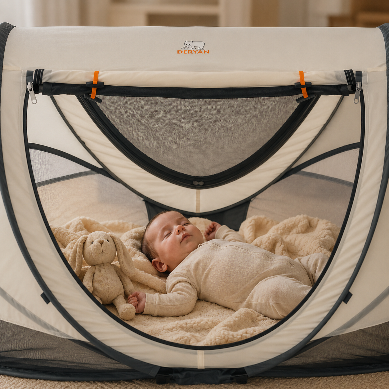 Deryan Kleinkind-Luxus-Campingbett - Inklusive selbstaufblasbarer Matratze - Creme