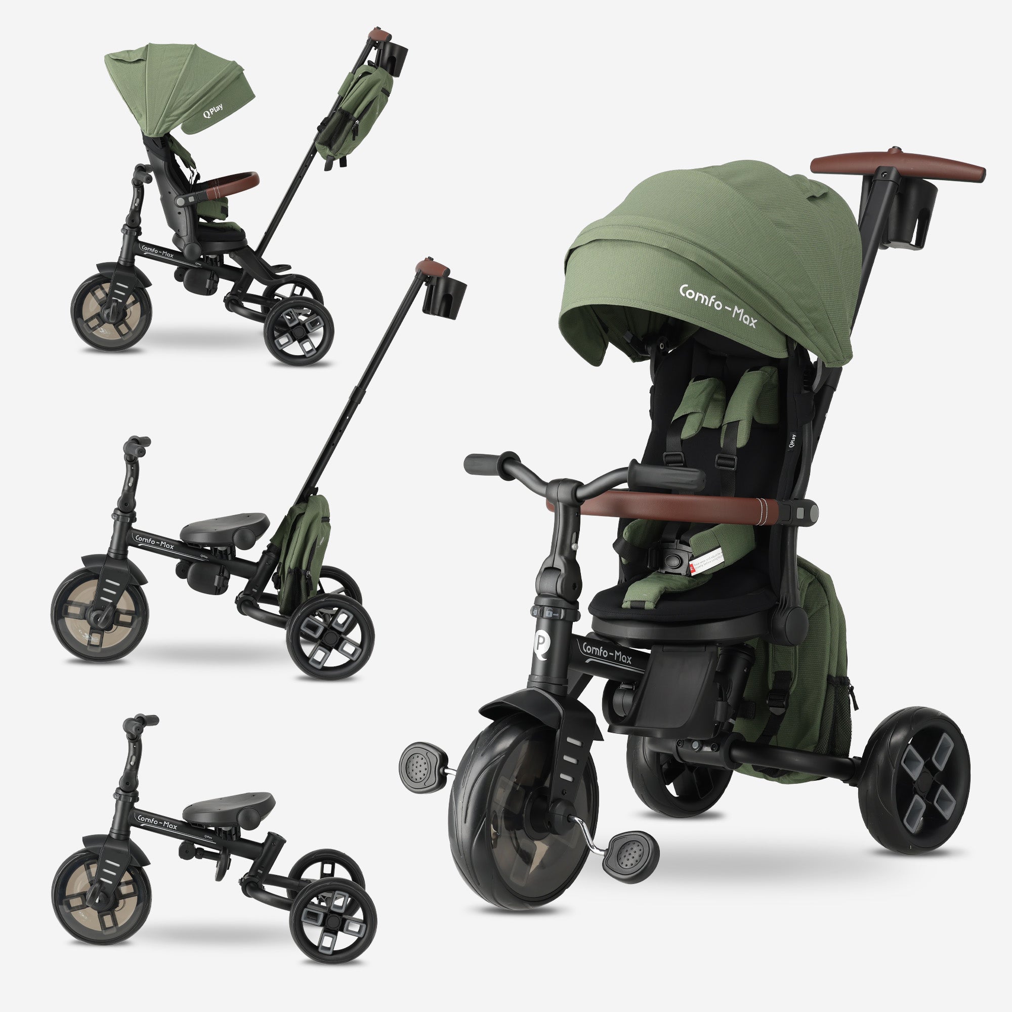 Qplay Comfo Max Driewieler met Duwstang - 7-in-1 Peuterfiets - Groen
