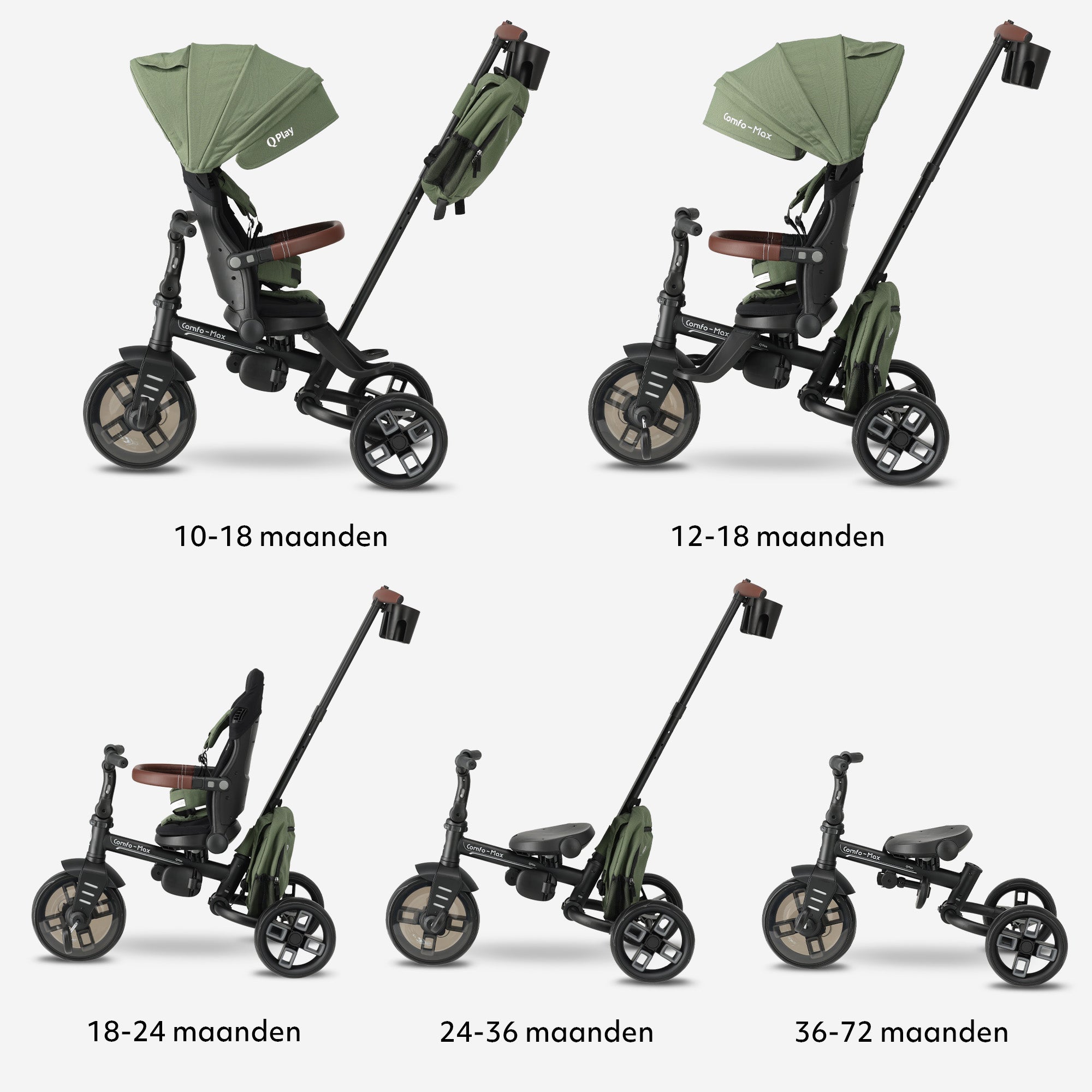 Qplay Comfo Max Driewieler met Duwstang - 7-in-1 Peuterfiets - Groen