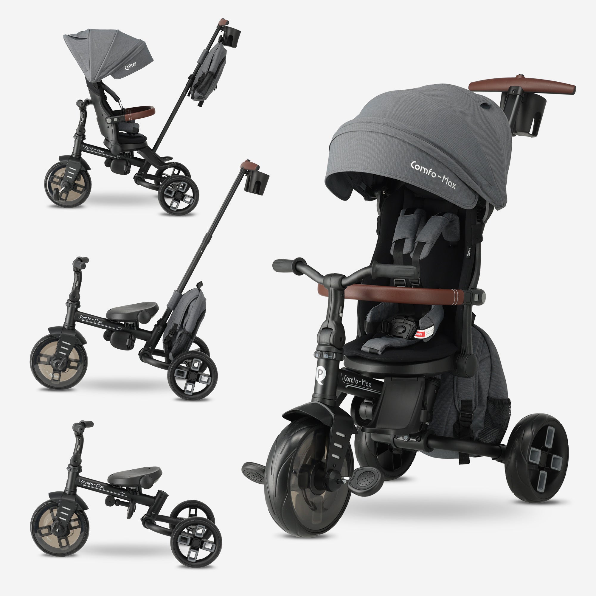 Qplay Comfo Max Driewieler met Duwstang - 7-in-1 Peuterfiets - Grijs