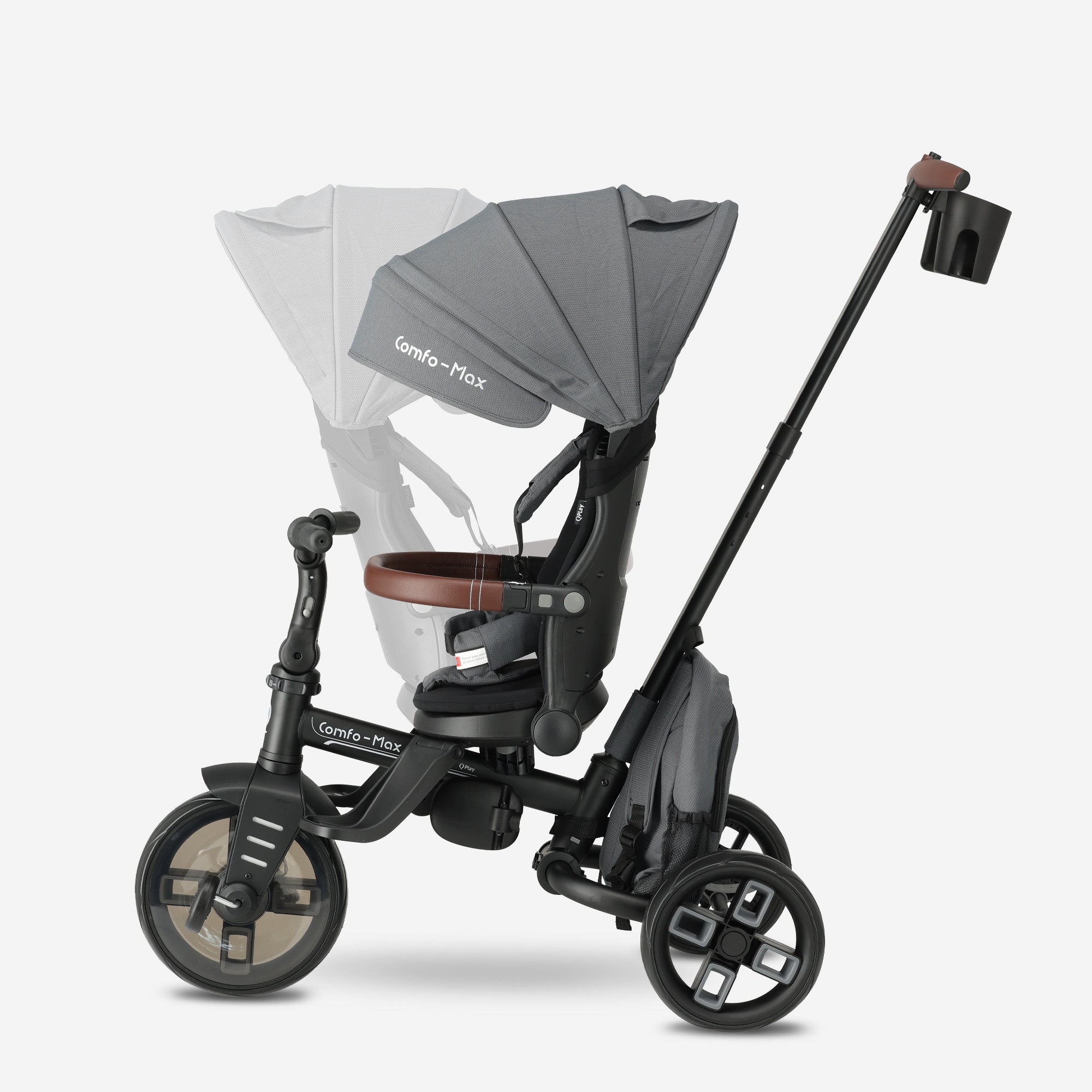 Qplay Comfo Max Driewieler met Duwstang - 7-in-1 Peuterfiets - Grijs