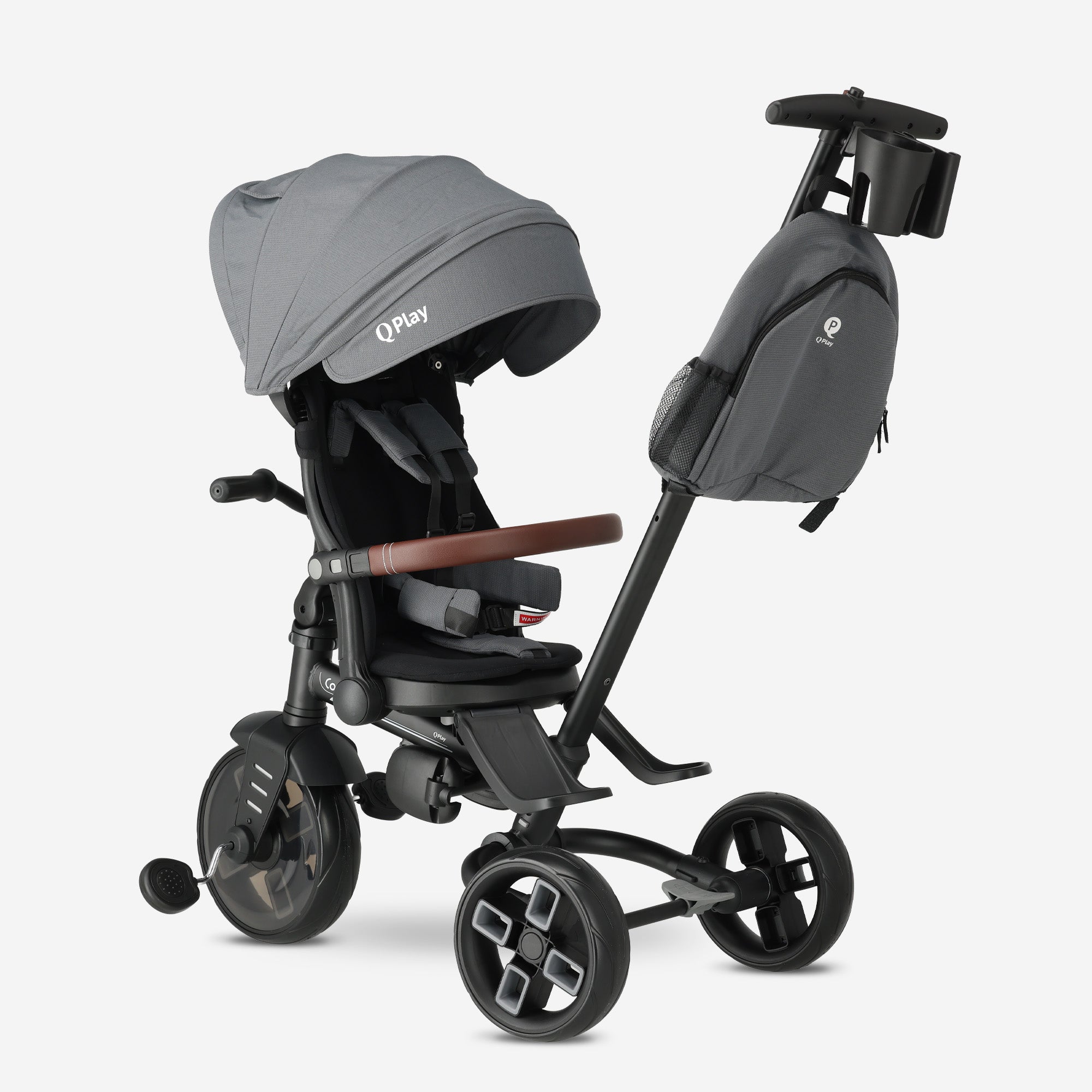 Qplay Comfo Max Driewieler met Duwstang - 7-in-1 Peuterfiets - Grijs