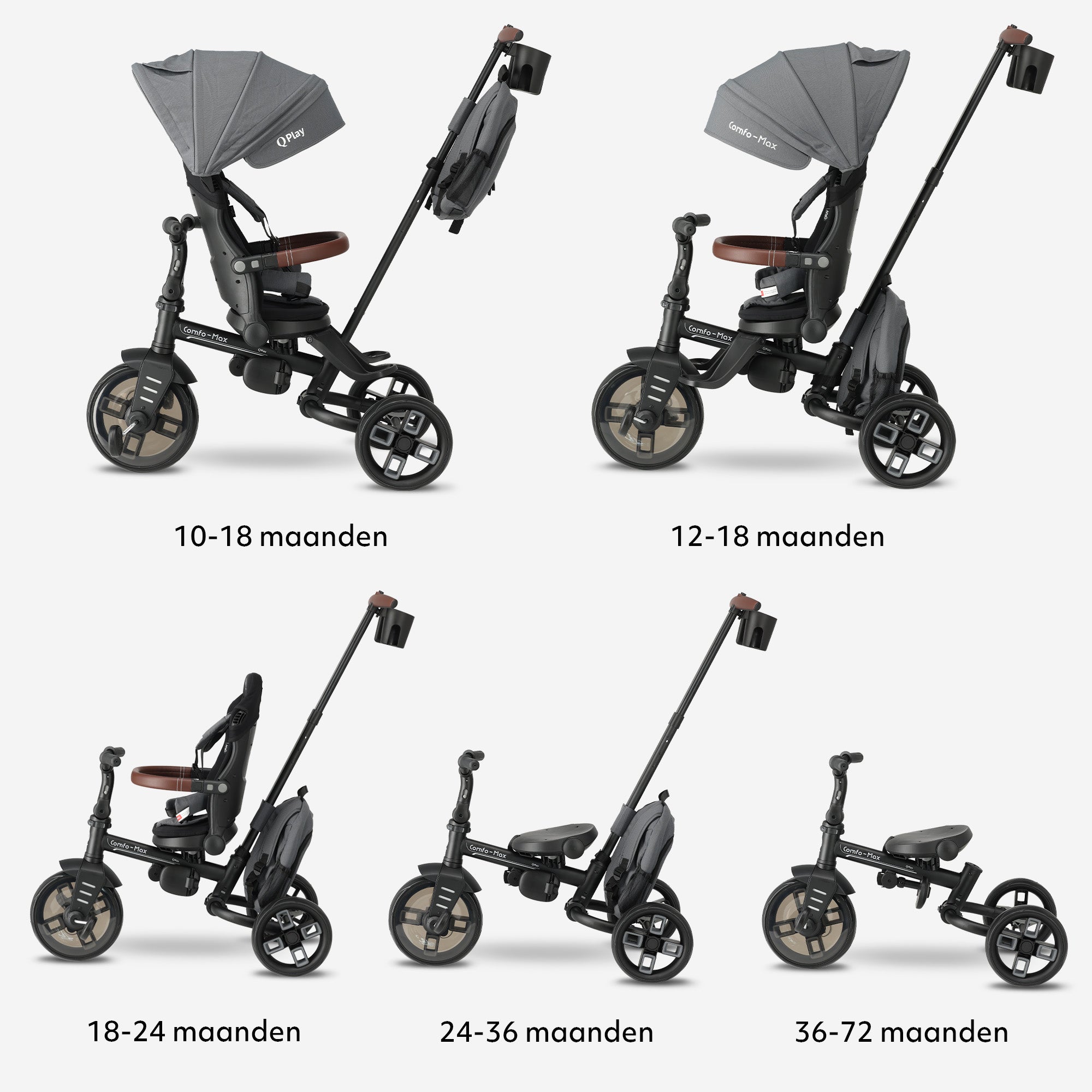 Qplay Comfo Max Driewieler met Duwstang - 7-in-1 Peuterfiets - Grijs