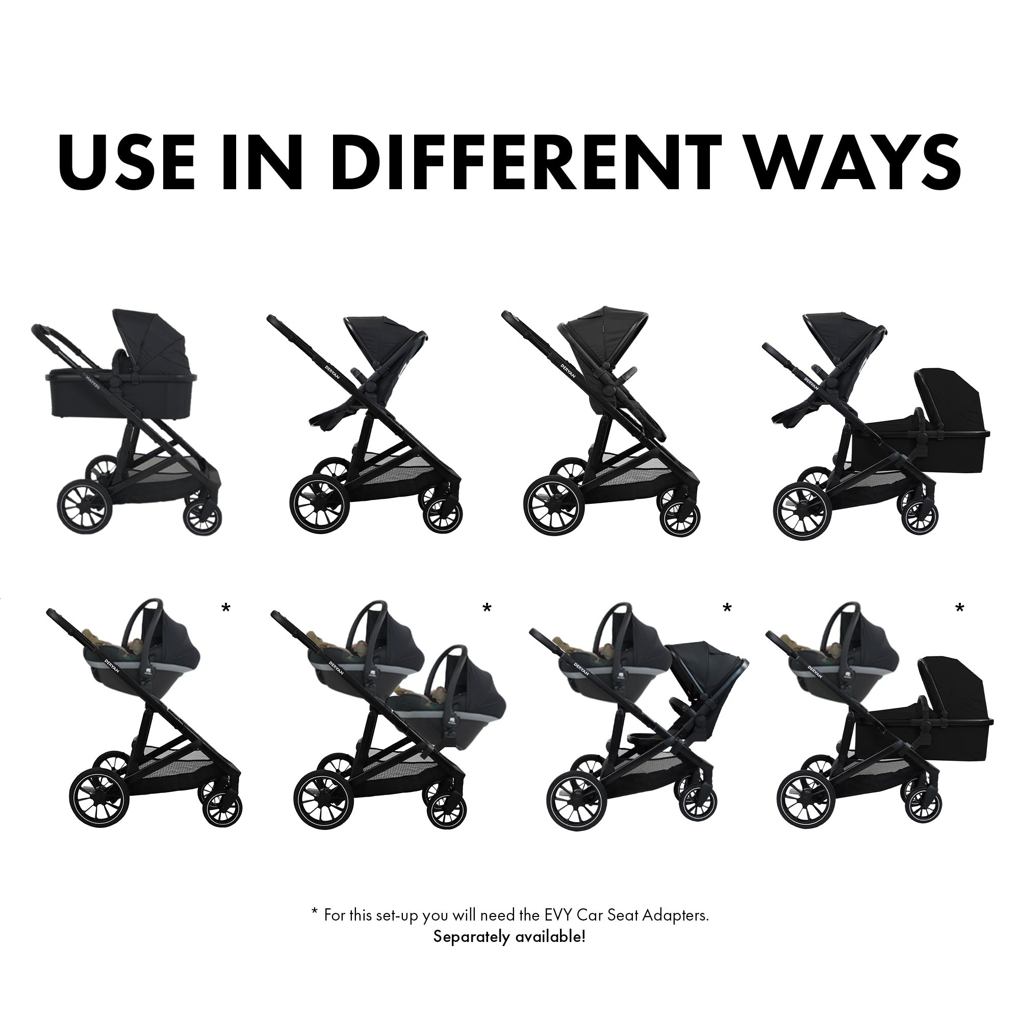 Deryan Evy V2 Kinderwagen 2in1 - Duo Kinderwagen - Uitbreidbaar inclusief reiswieg en zitje - Zwart