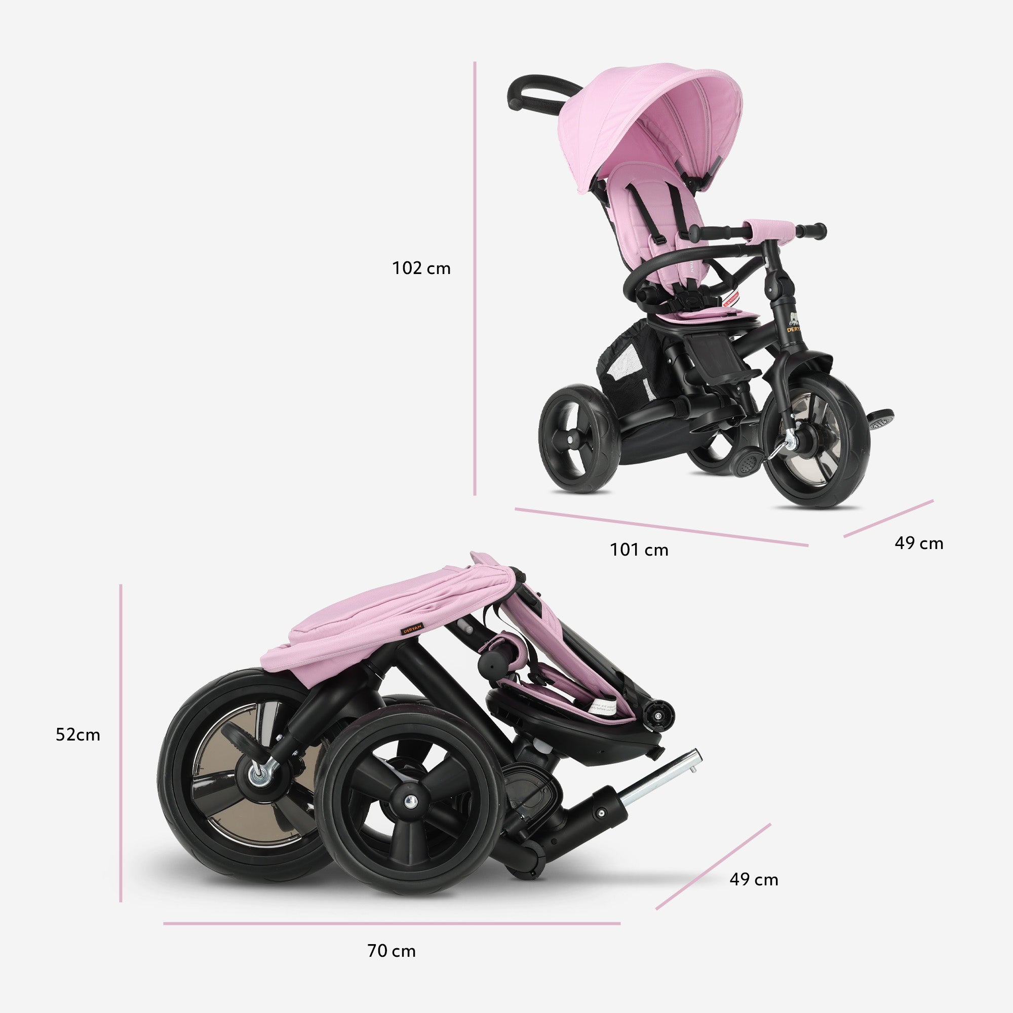 Explorer Luxe Driewieler met duwstang - Opvouwbaar met mandje roze