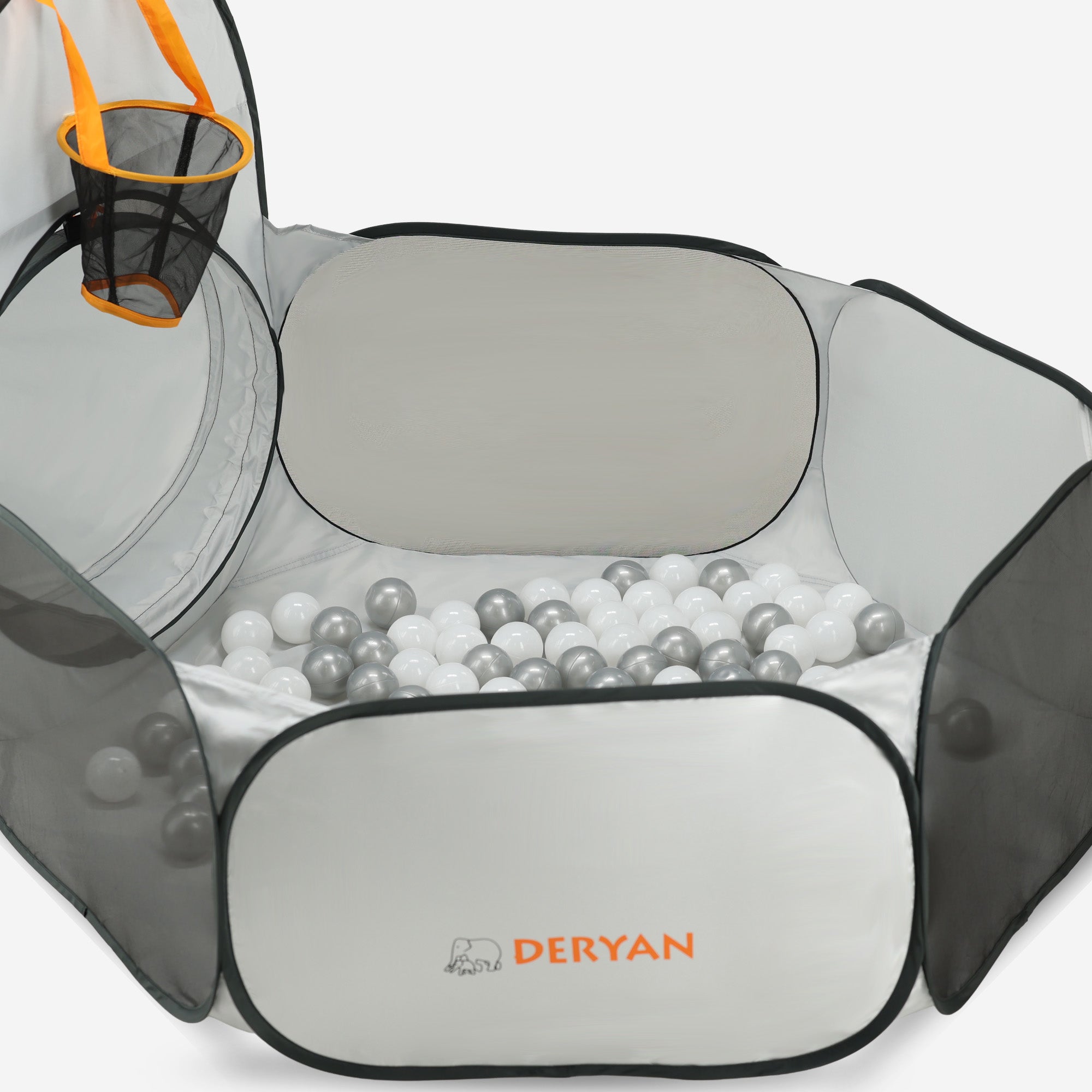 Deryan Luxuriöses Pop Up Kinderzelt - Spielzelt für Kinder - Basketball Ball Pit mit 45 Bällen - Silber