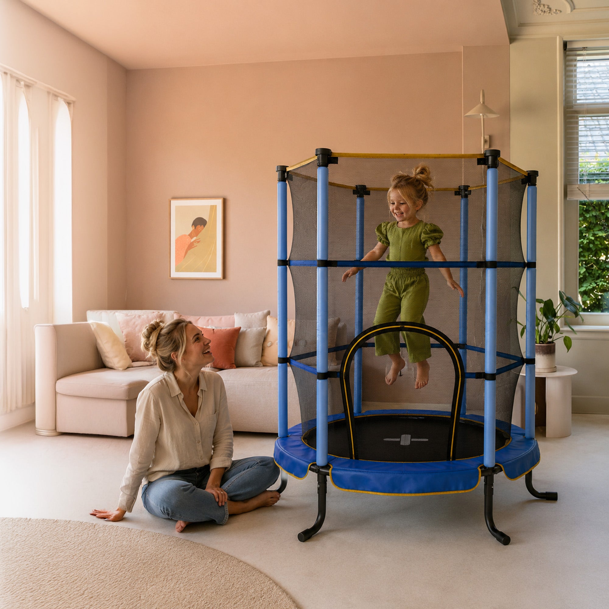 Mooiys Indoor Kindertrampoline 140cm - Met Veiligheidsnet - Blauw