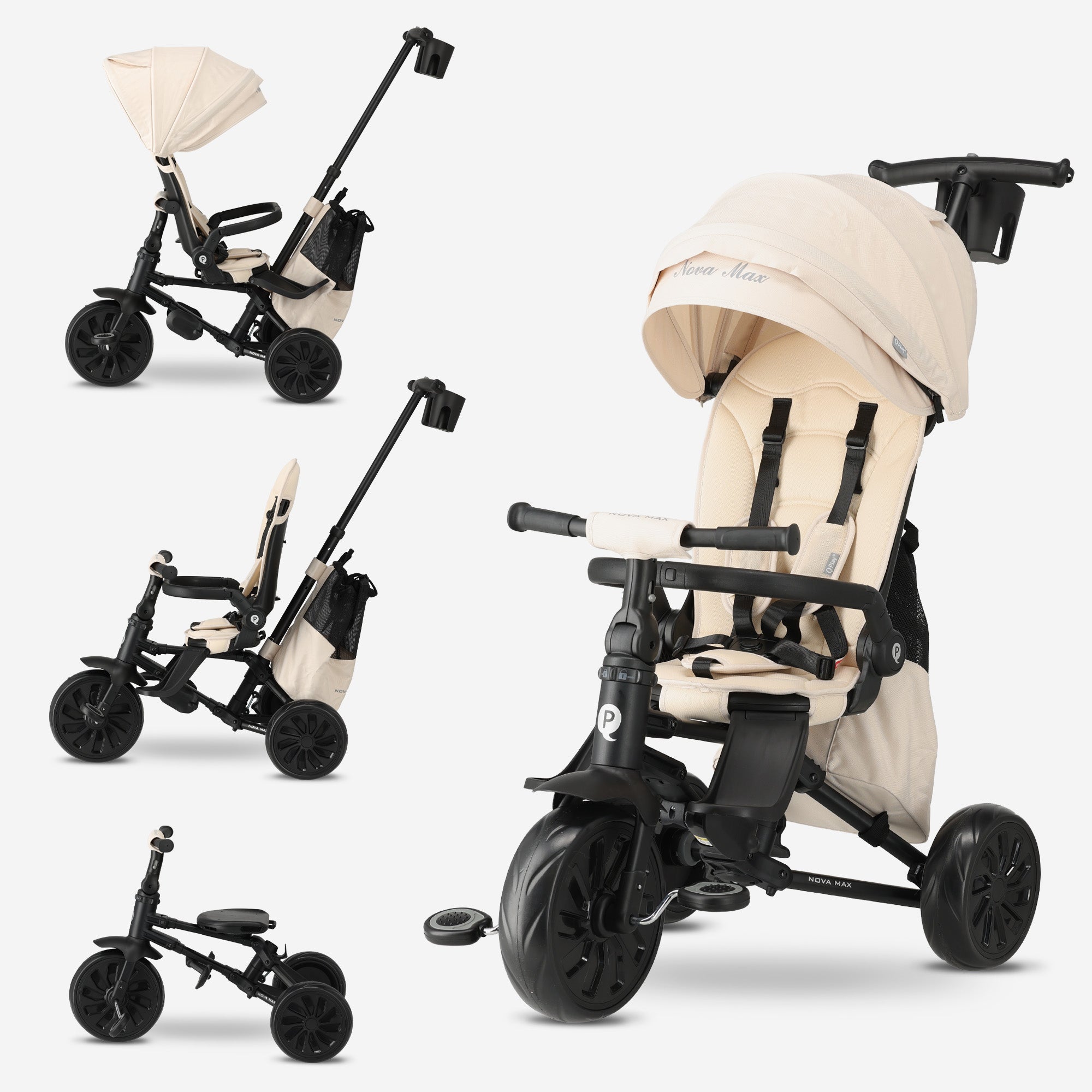 Qplay Nova Max Driewieler met Duwstang - Opvouwbare Peuterfiets - 5-in-1 - Beige