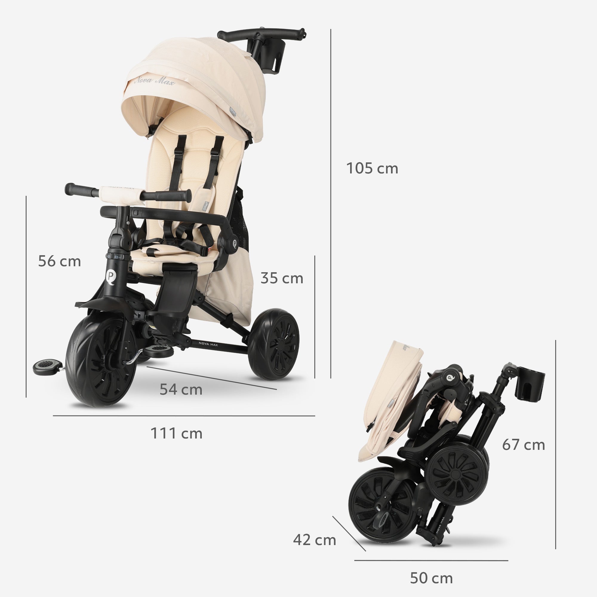 Qplay Nova Max Driewieler met Duwstang - Opvouwbare Peuterfiets - 5-in-1 - Beige