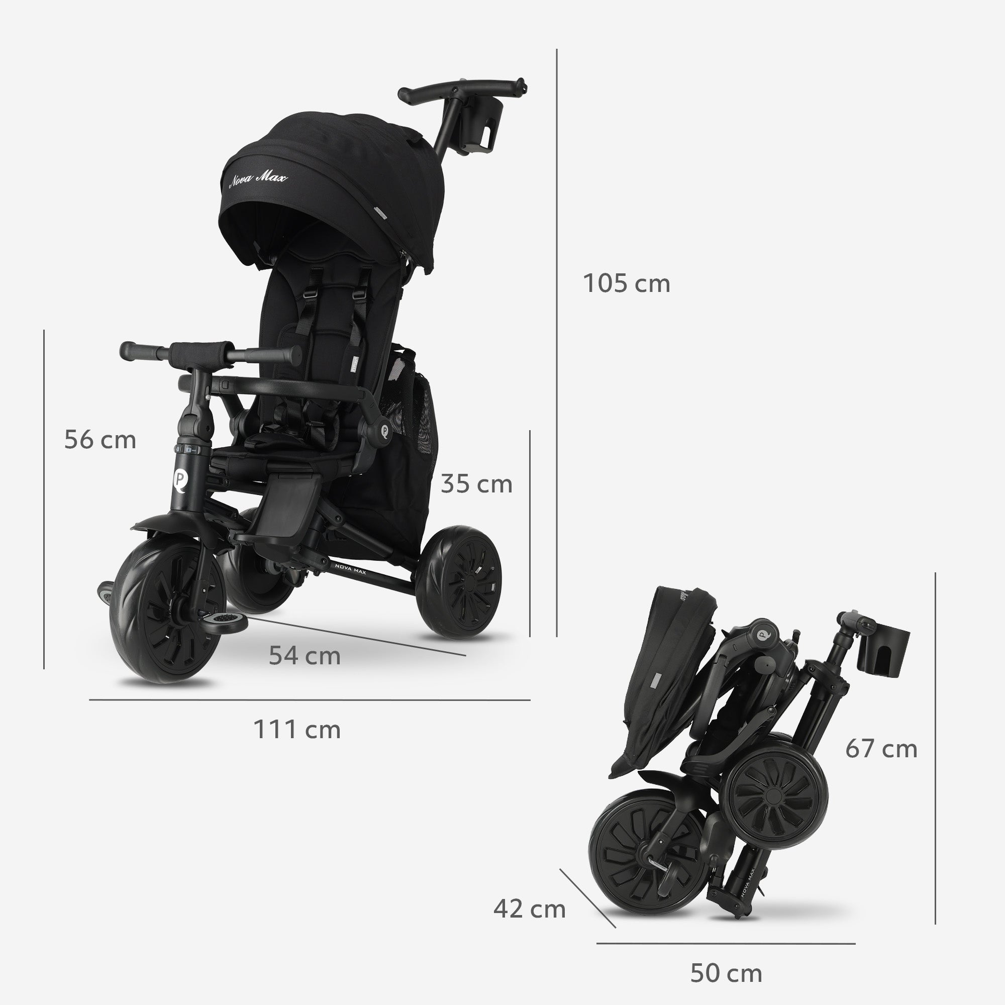Qplay Nova Max Driewieler met Duwstang - Opvouwbare Peuterfiets - 5-in-1 - Zwart