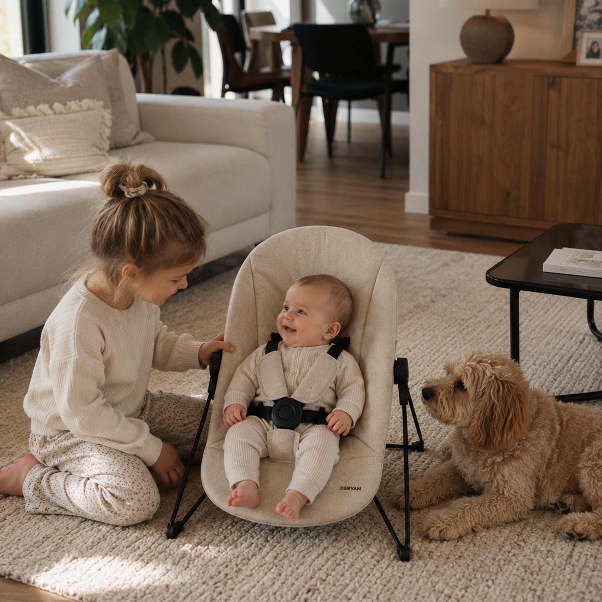 Odin Luxe Houten Meegroeistoel Kinderstoel met Bouncer - Inclusief Eetblad - Verstelbare Kinderstoel - Wood/Nougat