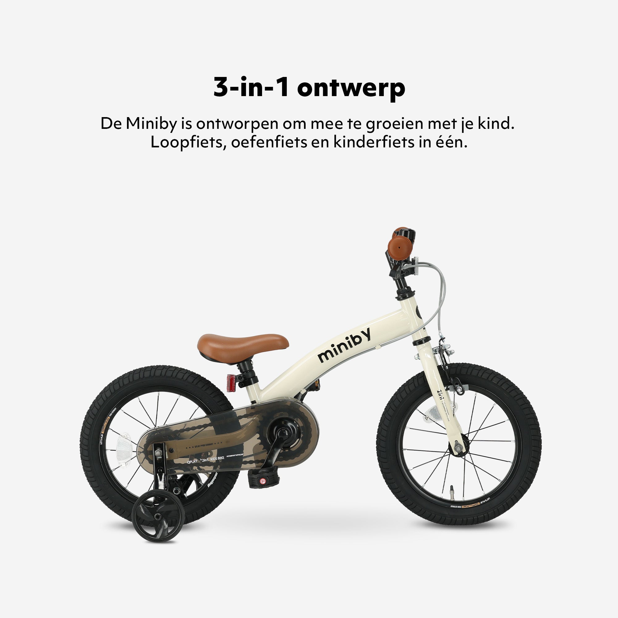 Qplay Miniby Vélo pour enfants 14 pouces - 3 en 1 - vélo d'équilibre - Crème
