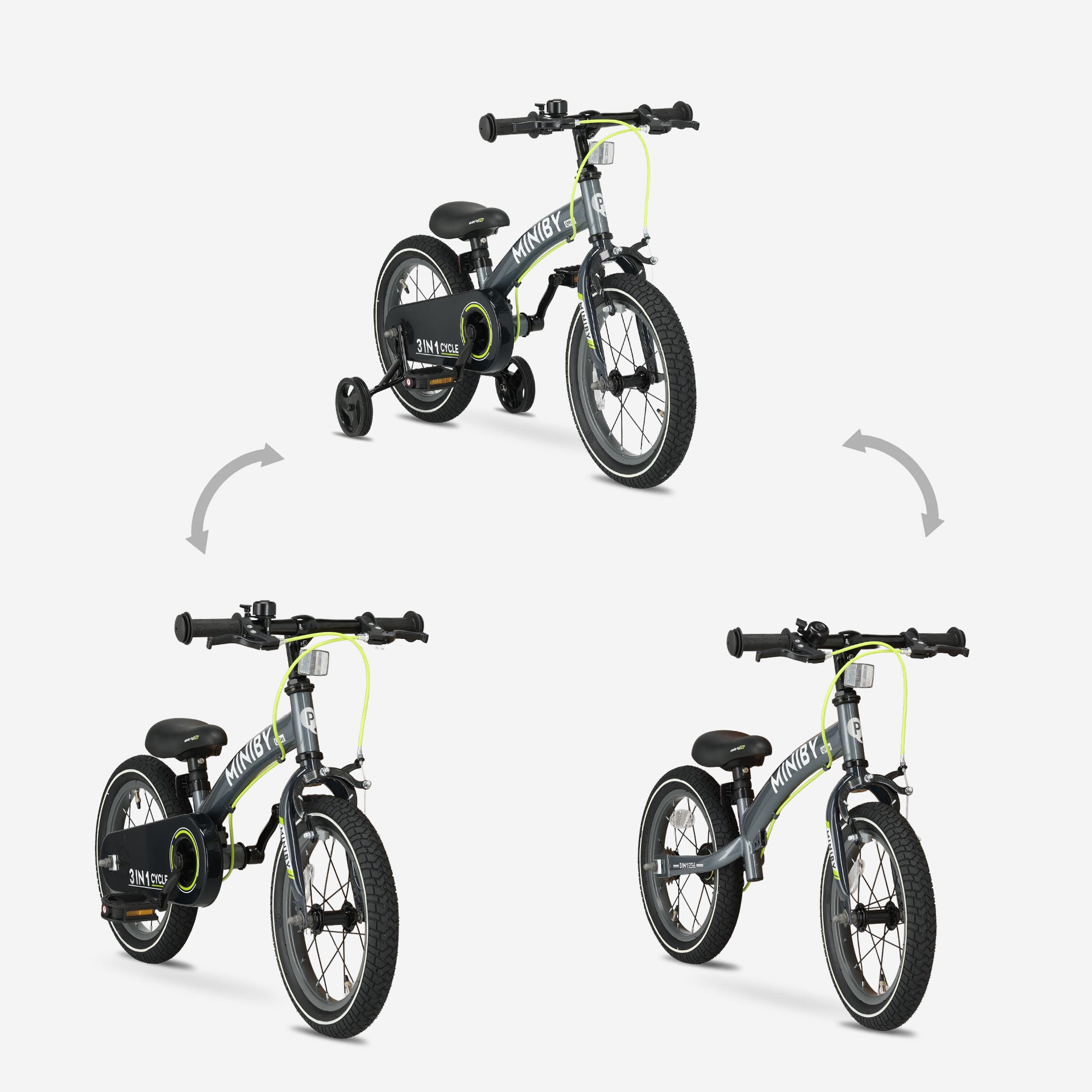 Qplay Miniby Kinderfiets 14 inch - 3 in 1 - loopfiets - Grijs