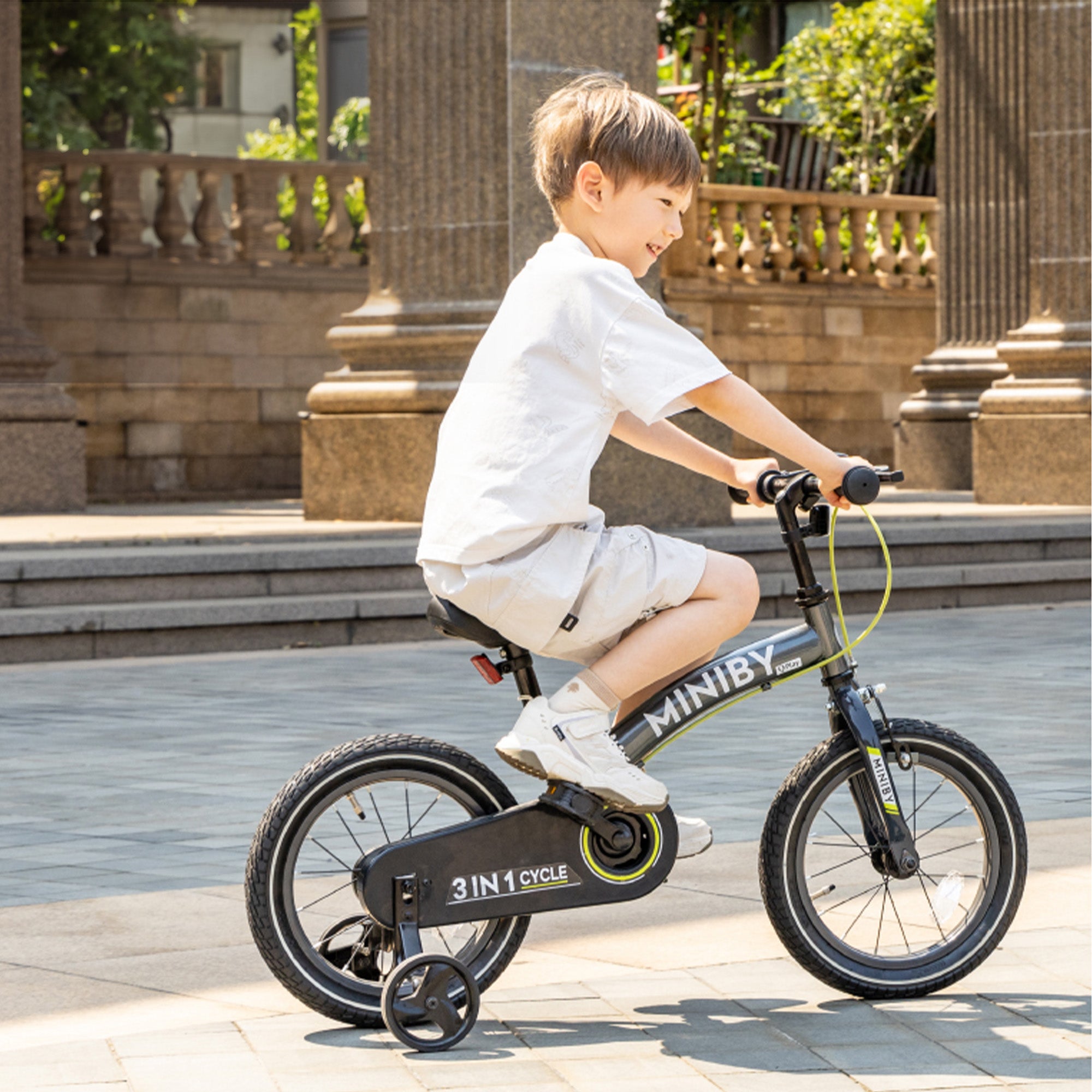 Qplay Miniby Kinderfiets 14 inch - 3 in 1 - loopfiets - Grijs