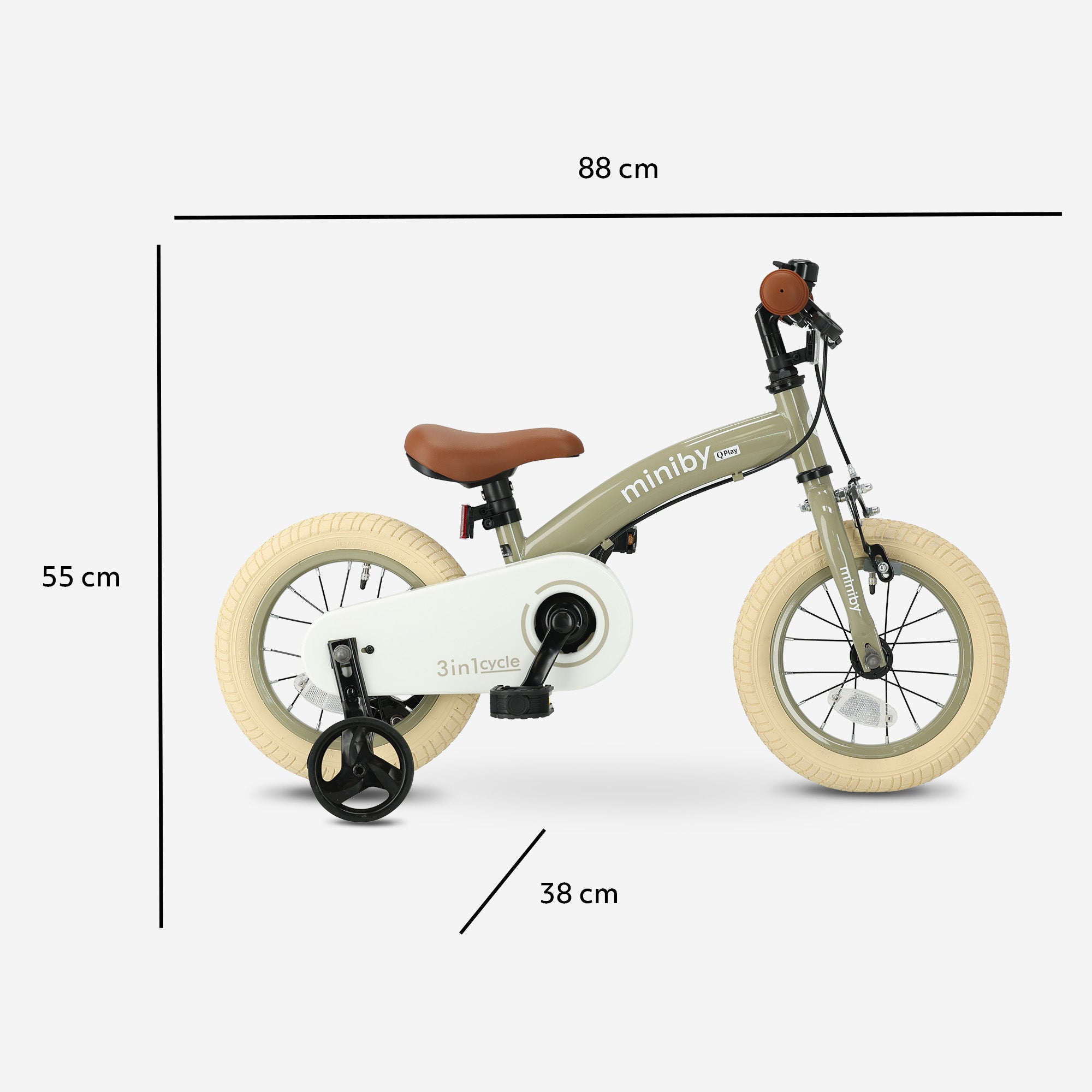 Qplay Miniby Kinderfiets 12 inch - 3 in 1 - loopfiets - Olive