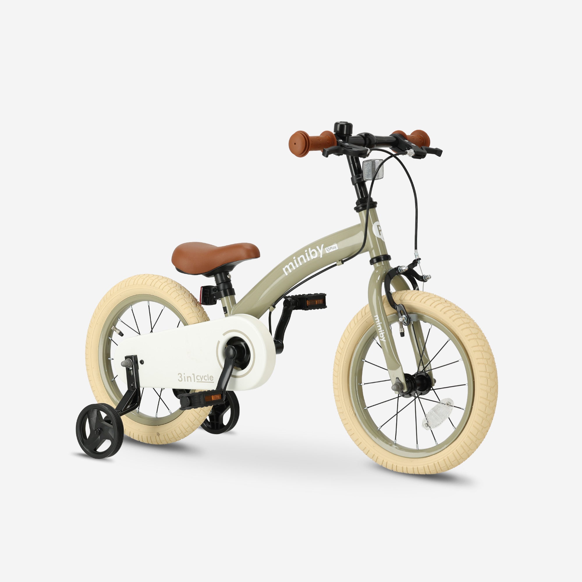 Qplay Miniby Kinderfiets 14 inch - 3 in 1 - loopfiets - Olive