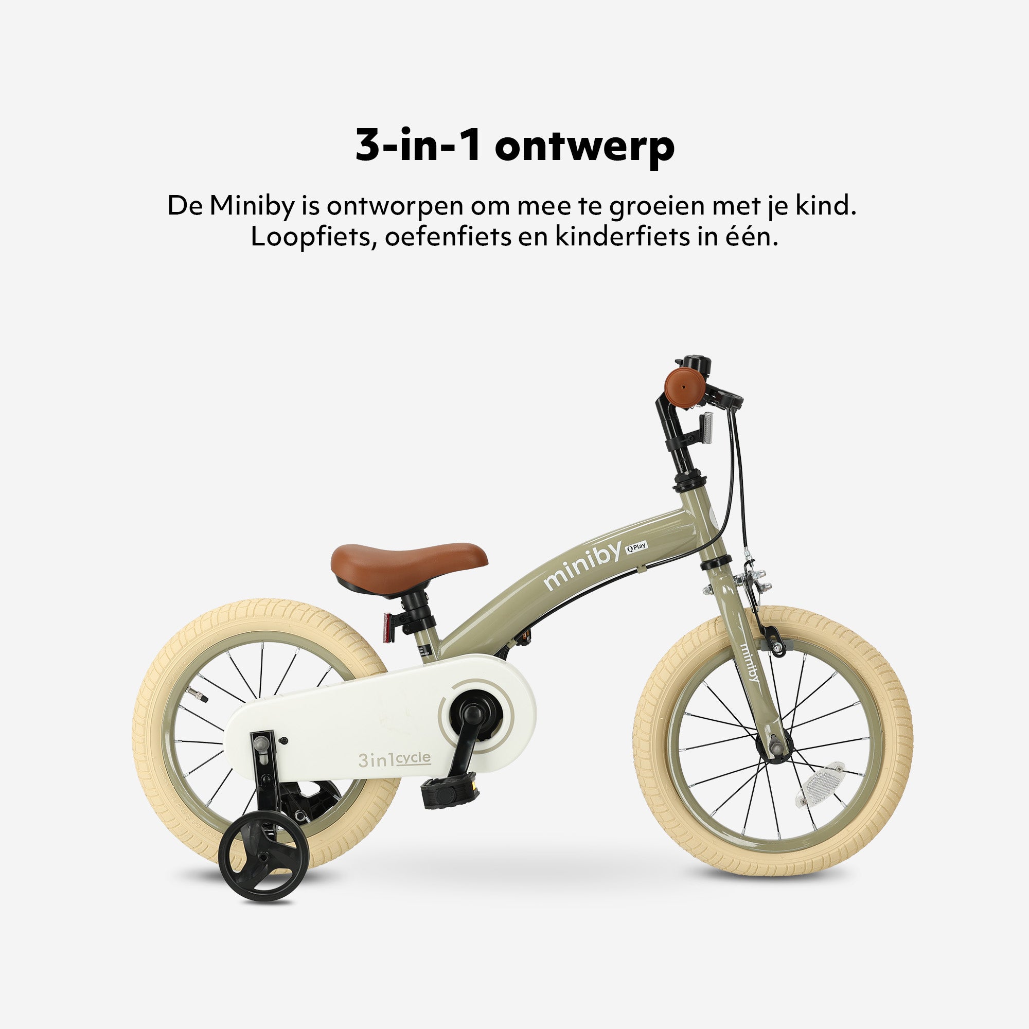 Qplay Miniby Kinderfiets 14 inch - 3 in 1 - loopfiets - Olive