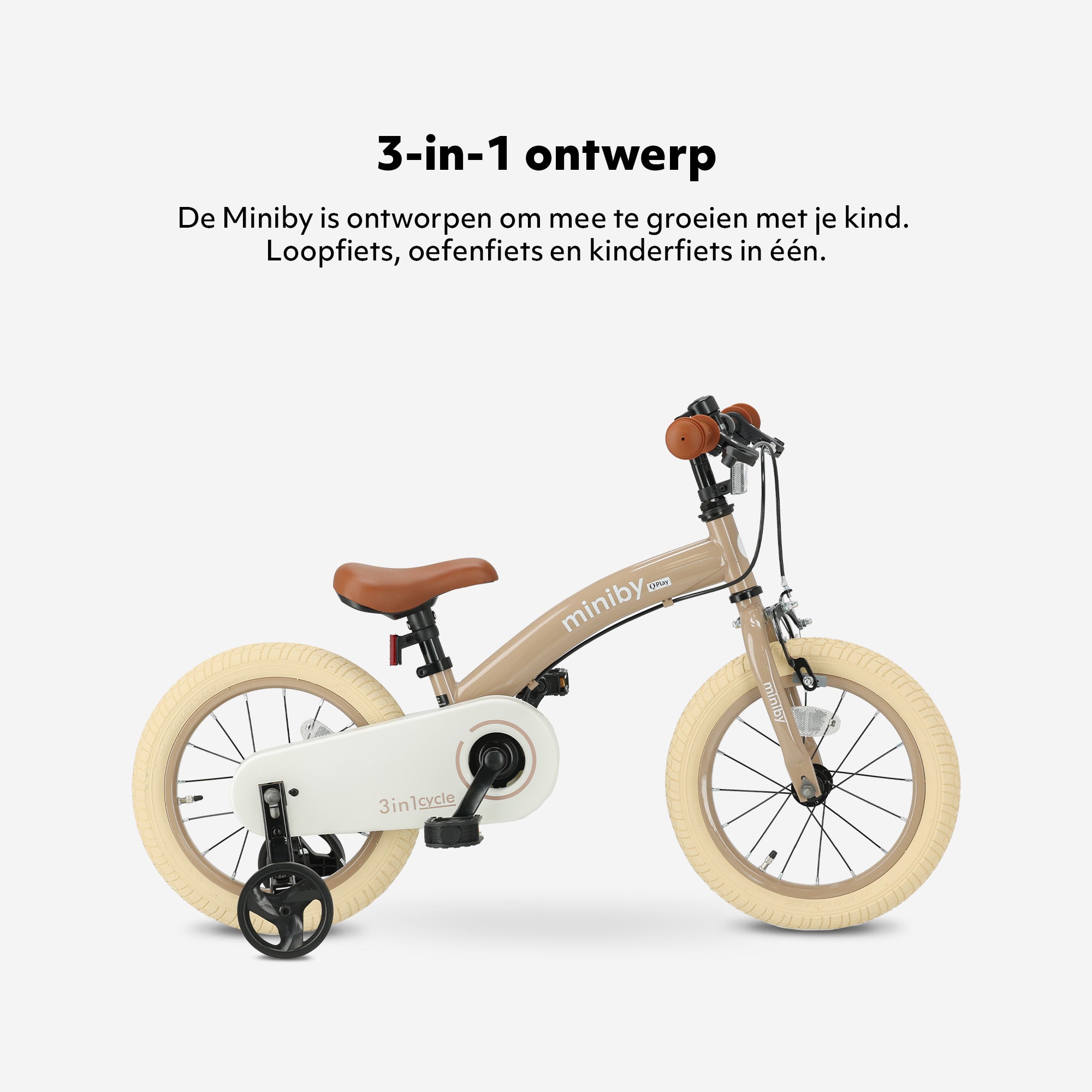 Qplay Miniby Kinderfiets 14 inch - 3 in 1 - loopfiets - Mocha
