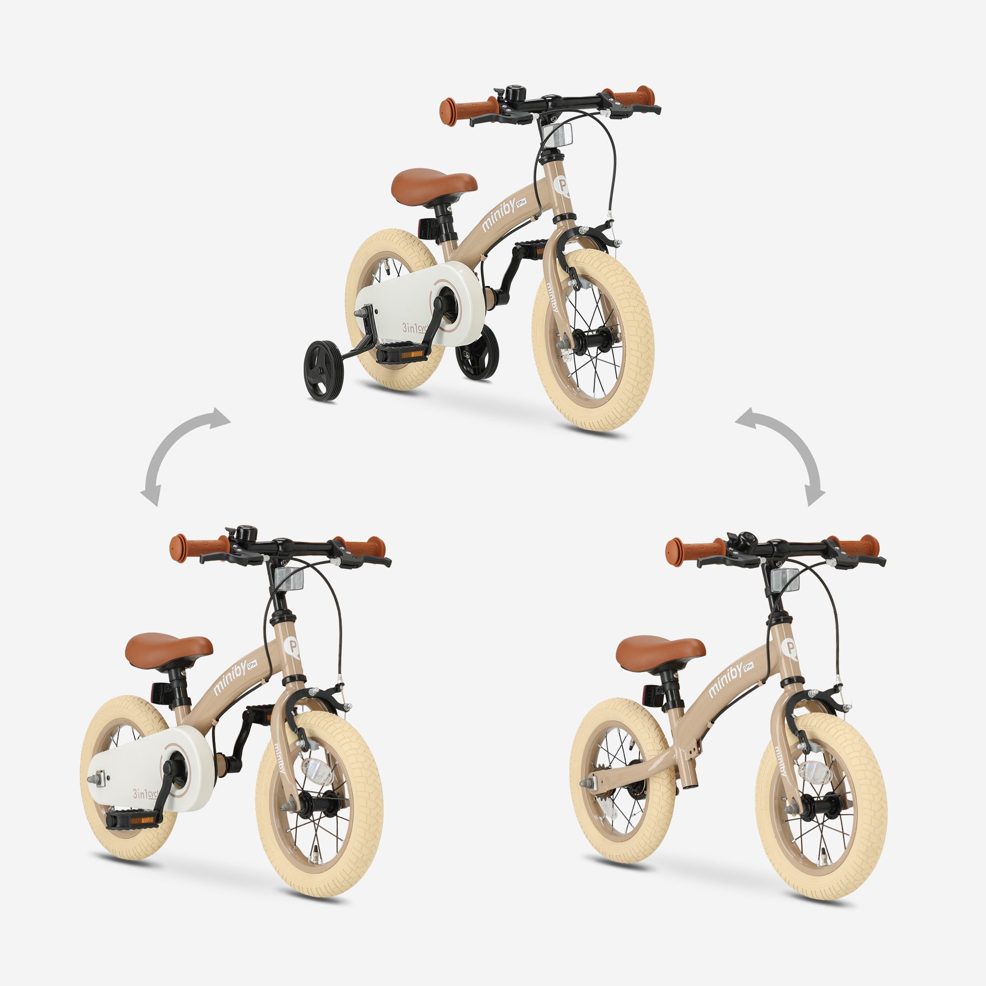 Qplay Miniby Kinderfiets 12 inch - 3 in 1 - loopfiets - Mocha