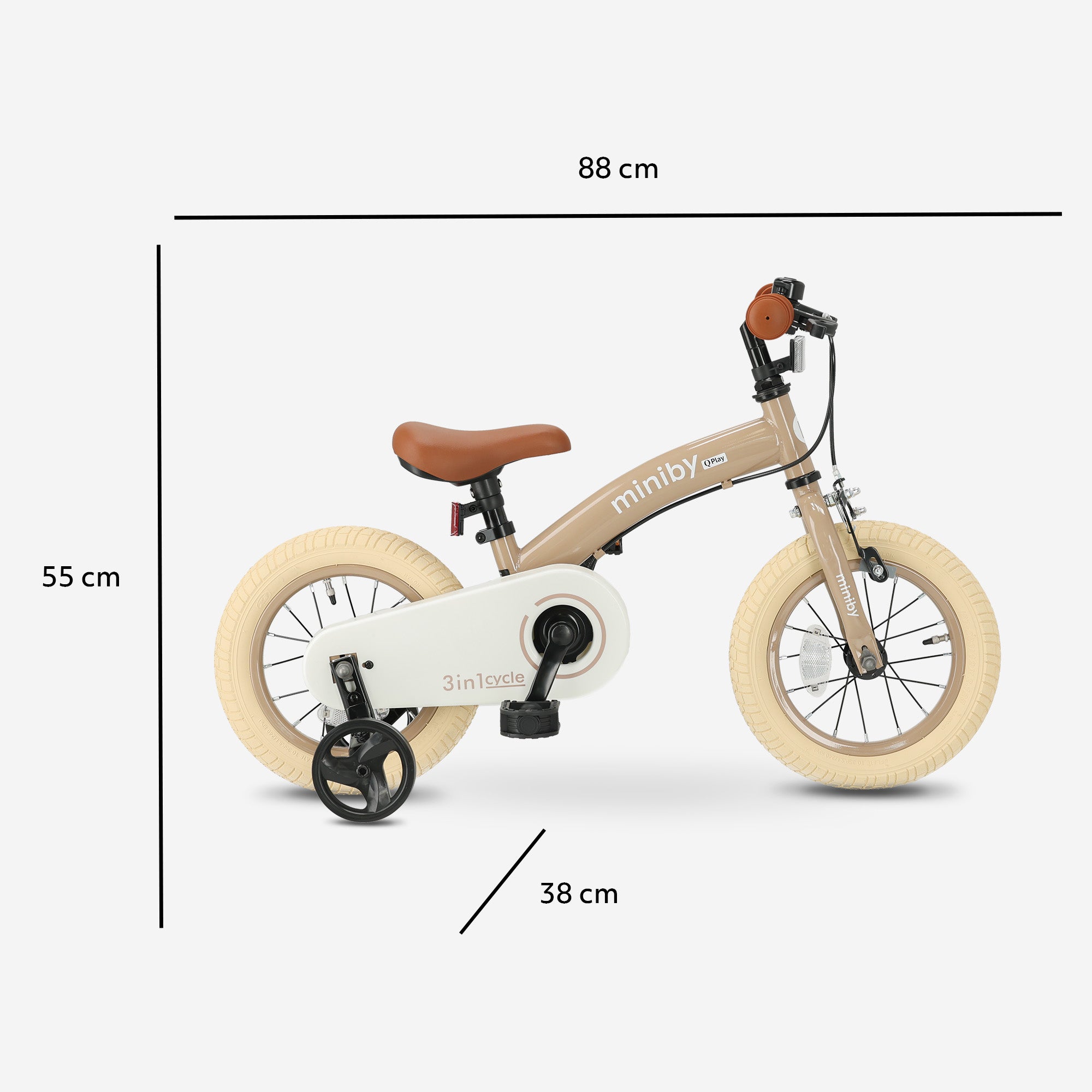 Qplay Miniby Kinderfiets 12 inch - 3 in 1 - loopfiets - Mocha