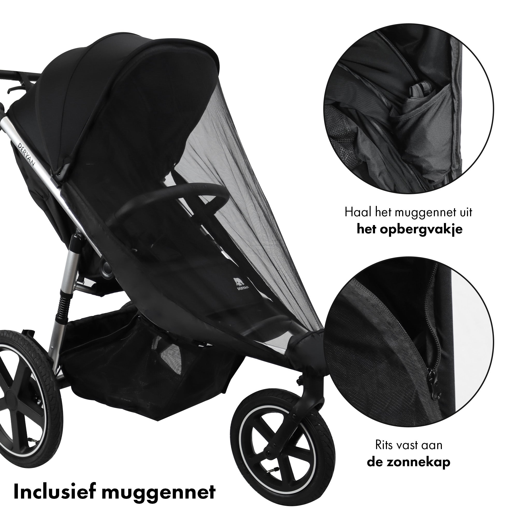 Deryan Luxe Bolt hardloop kinderwagen - Jogging buggy - Runner - Inclusief muggennet en pomp - Zwart - Aluminum Frame