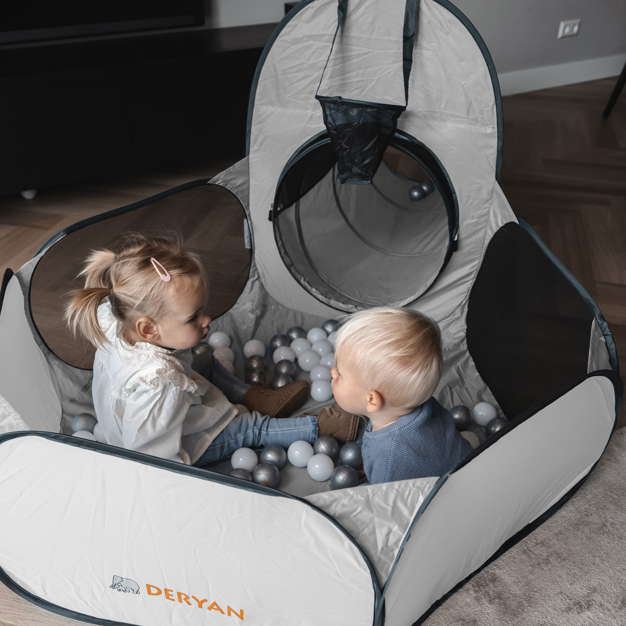 Deryan Luxury Pop Up Kids Tent - Play Tent for Kids - Basketball Ball Pit with 45 Balls - Silver